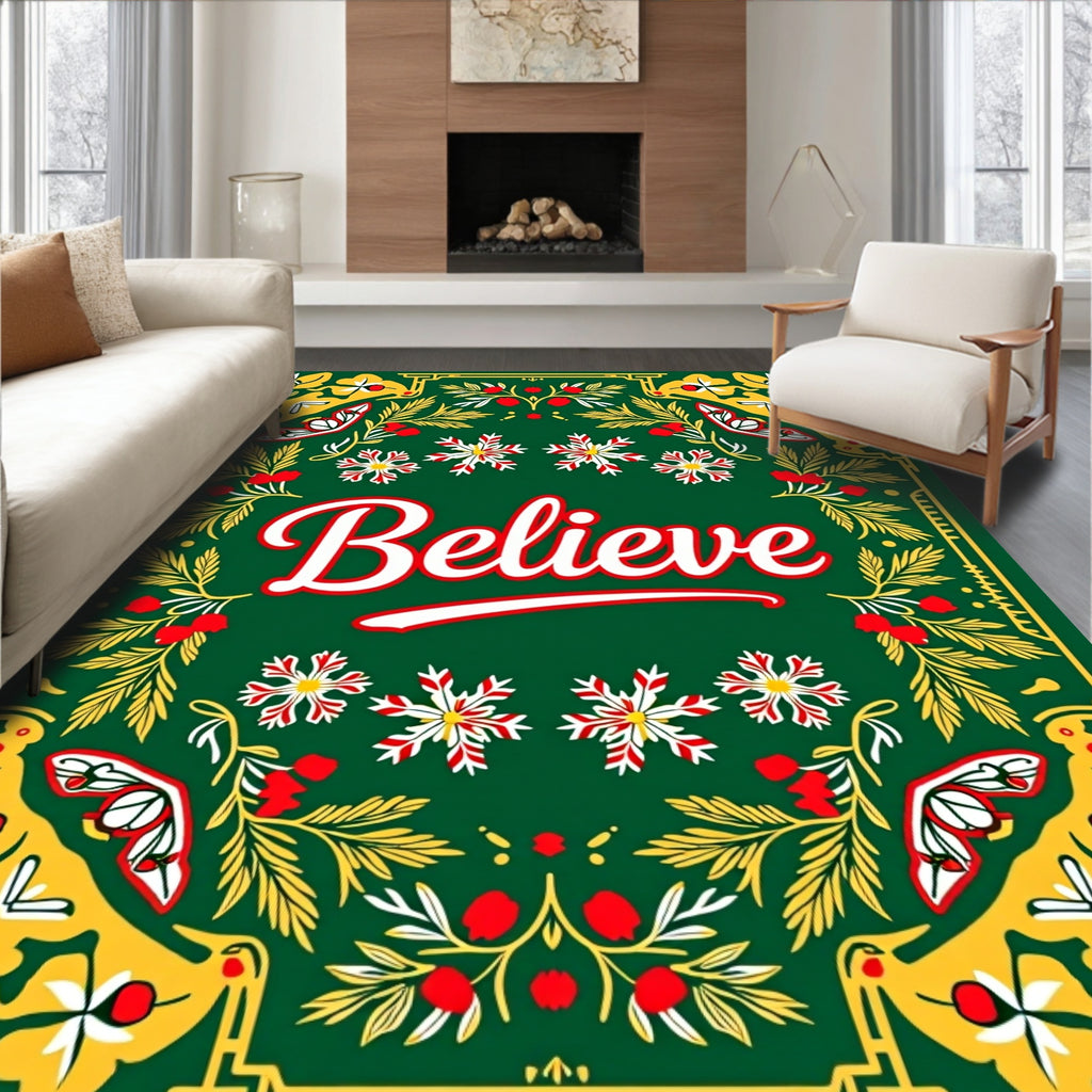 Green Festive Floral Snowflake Border Rug