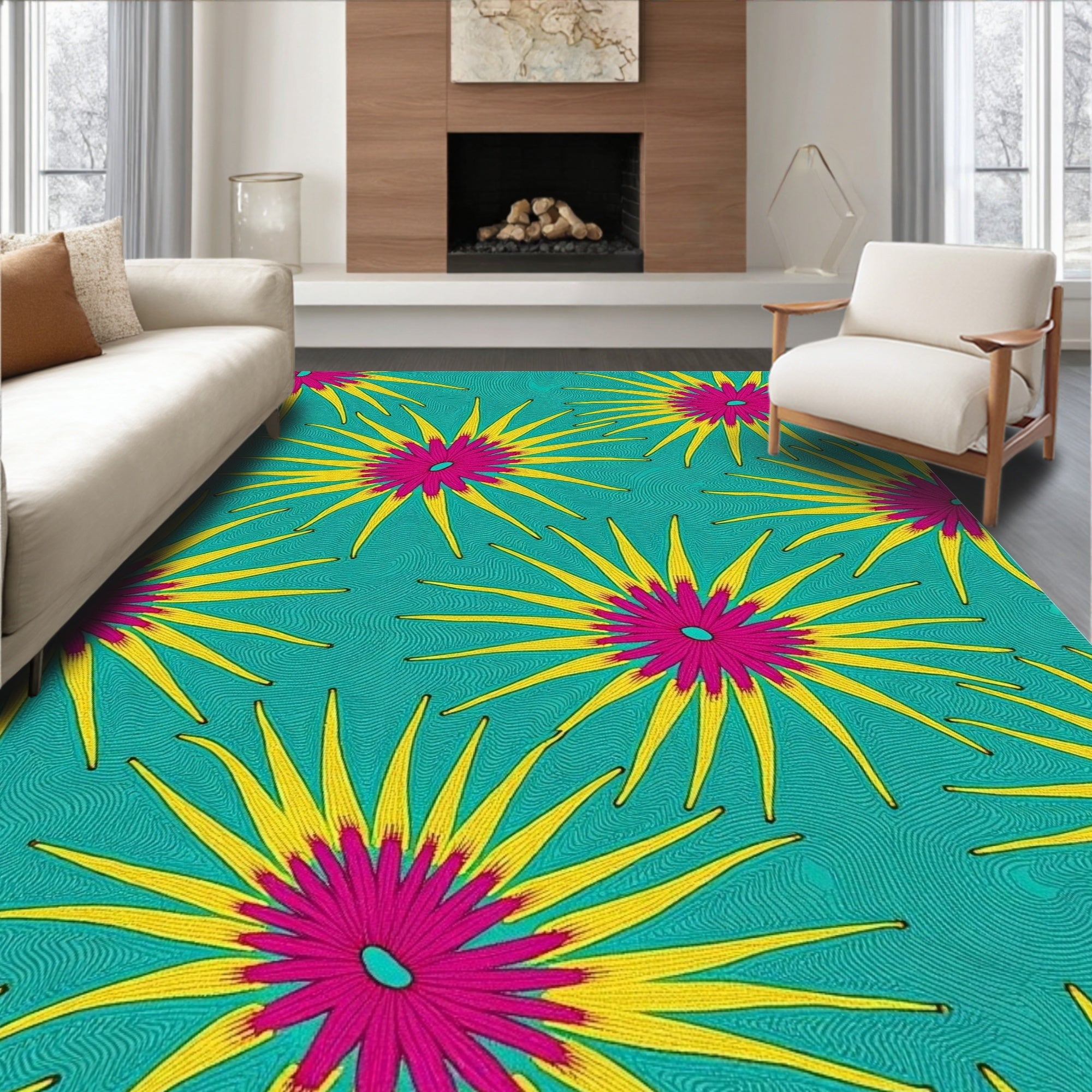 Vibrant Sunburst Turquoise Floral Rug