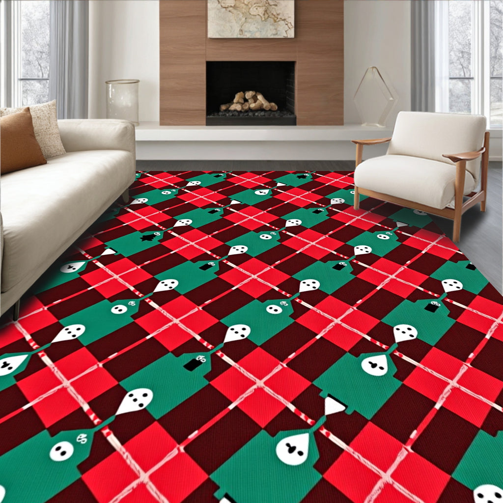 Festive Green Red Plaid Figures Rug