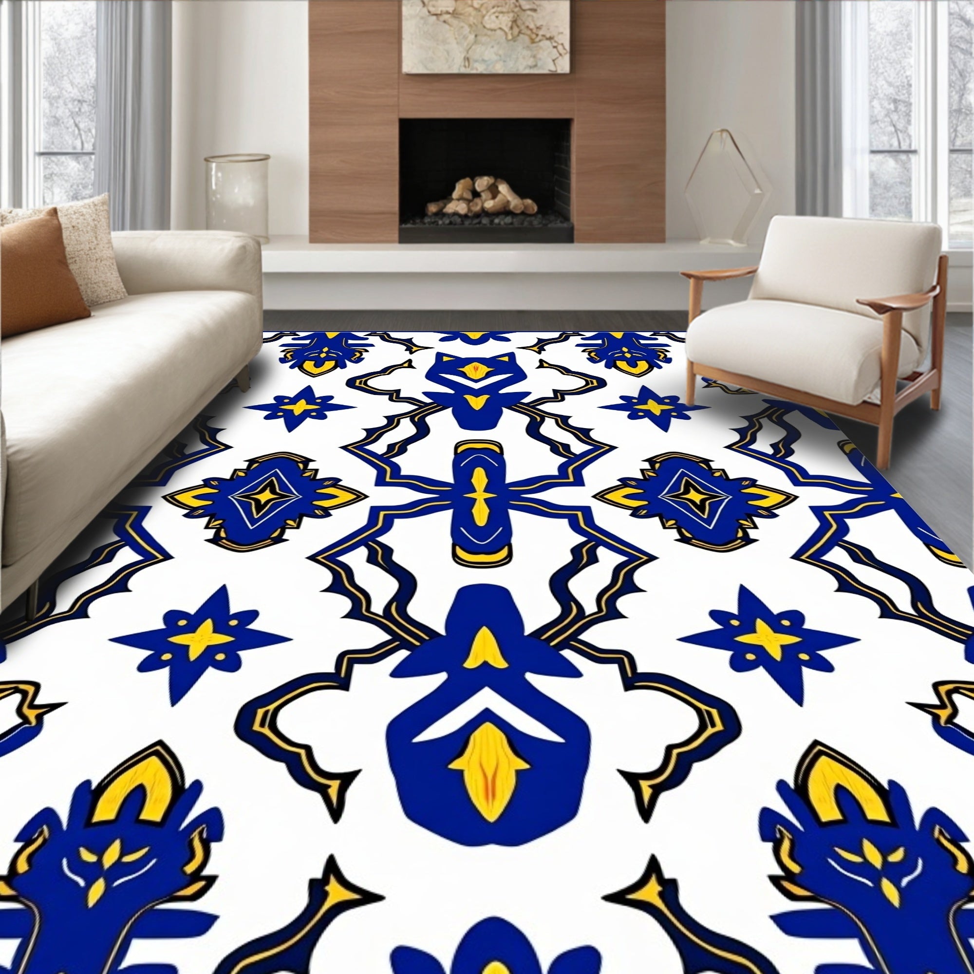 Royal Blue Yellow Ceramic Tile Rug