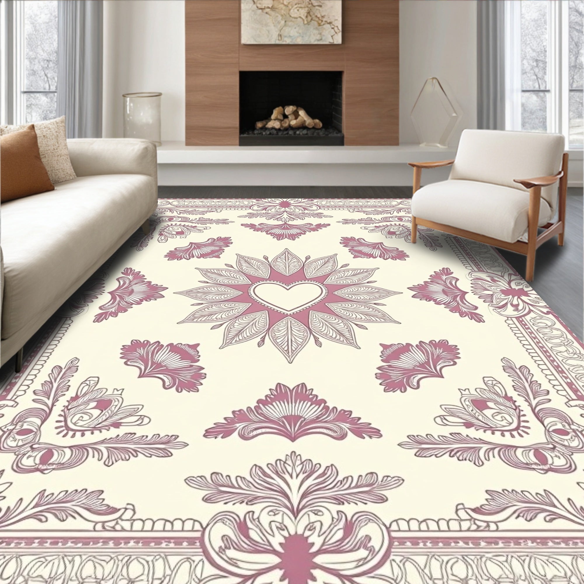Pink Cream Heart Mandala Ornament Rug