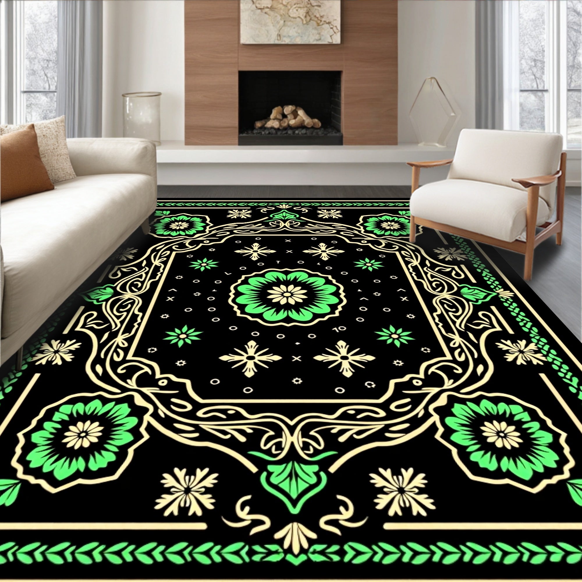 Vibrant Green Floral Scrollwork Rug