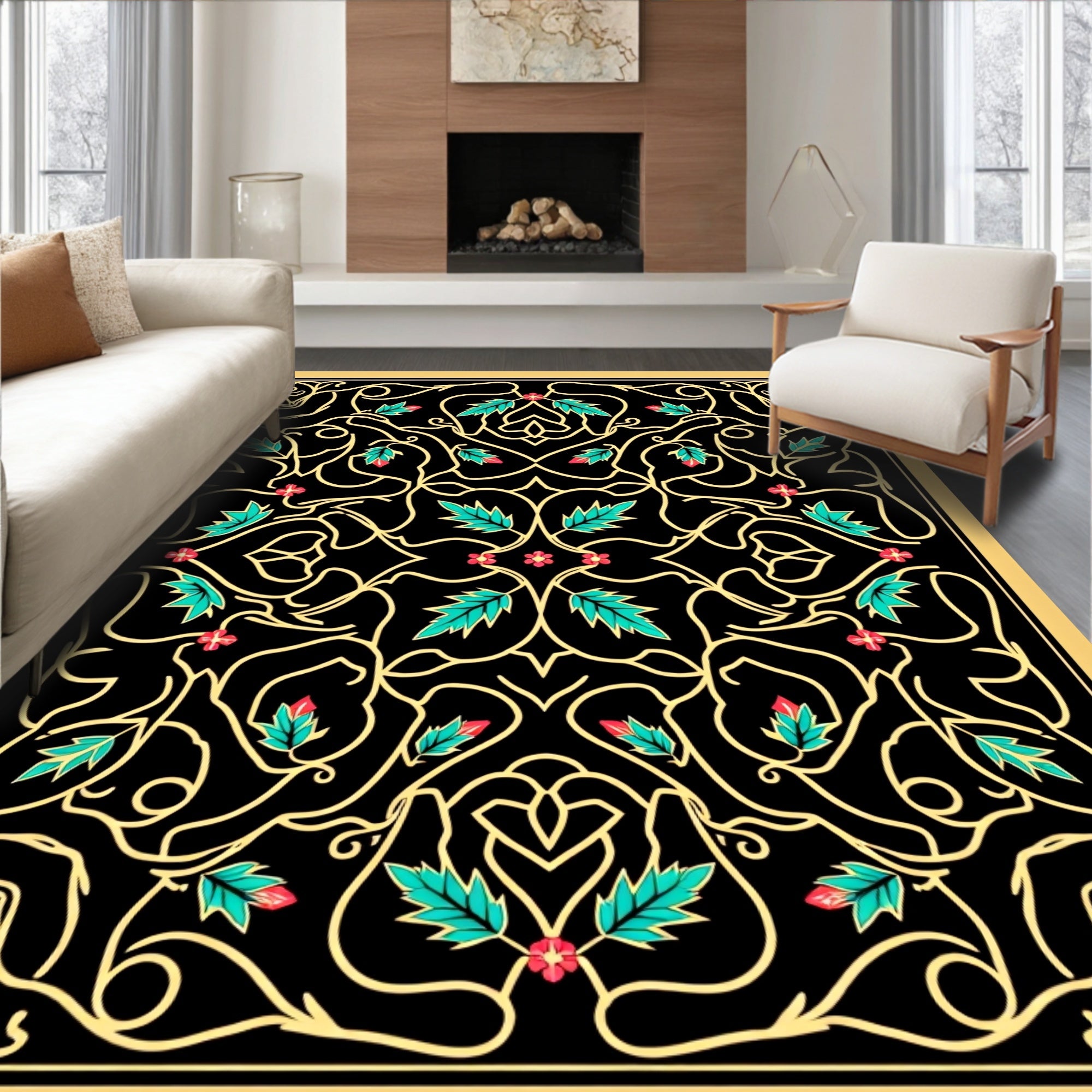 Golden Vine Teal Leaf Red Bloom Rug