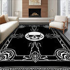 Gothic Black White Skull Sun Motif Rug