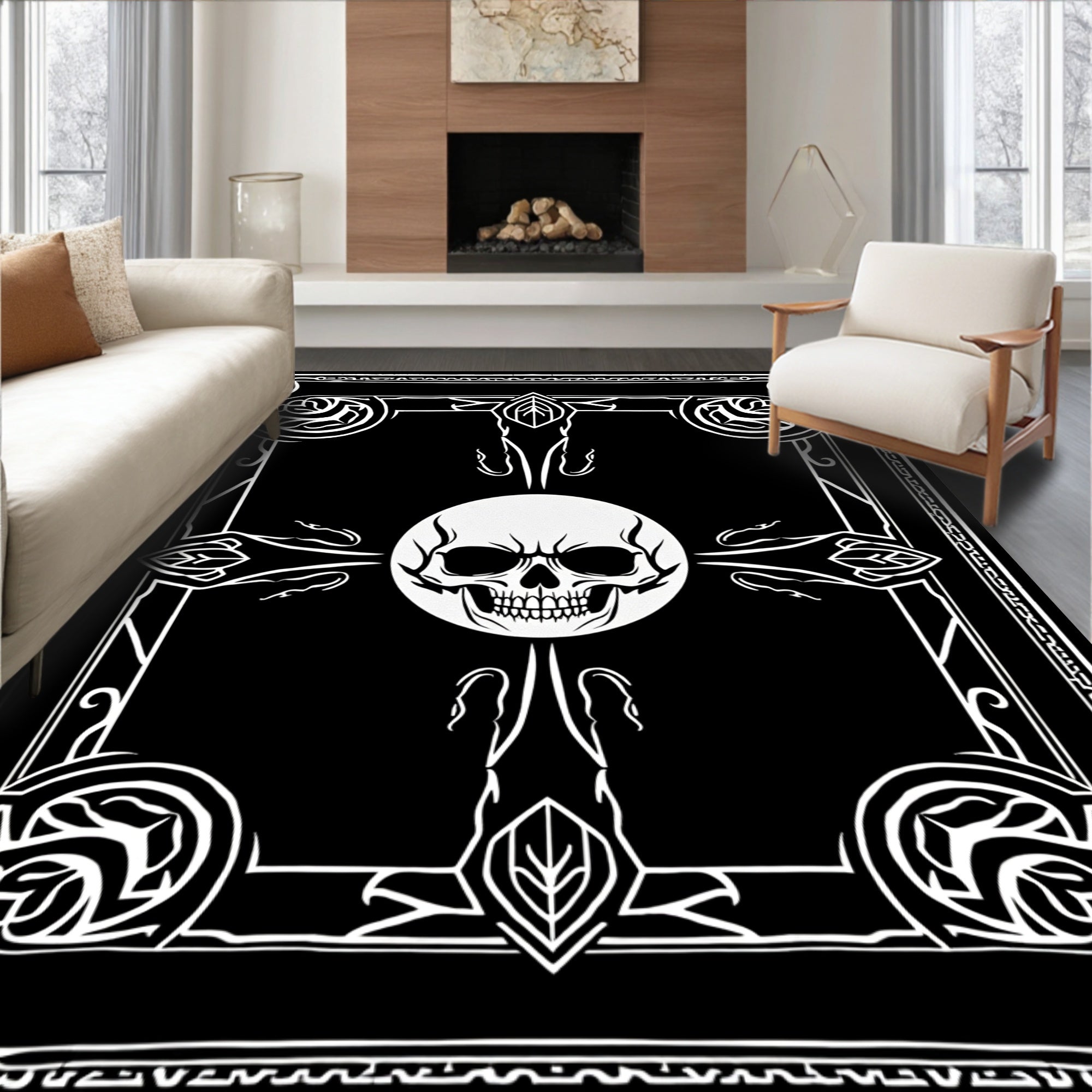 Gothic Black White Skull Sun Motif Rug