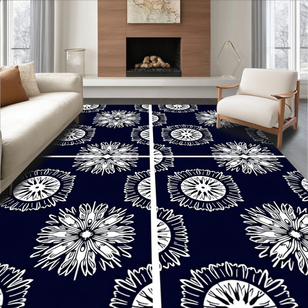 Navy White Radial Sunburst Medallion Rug