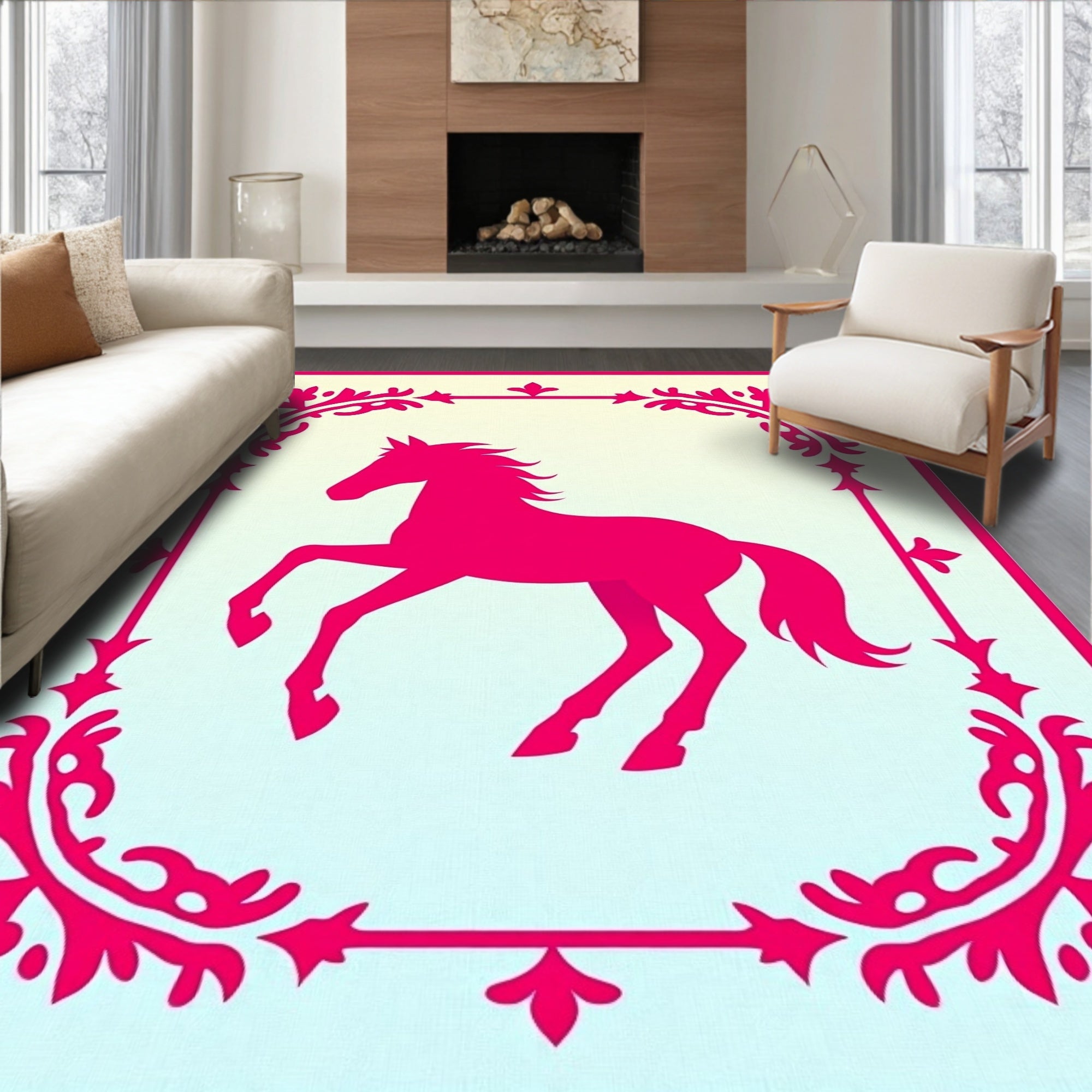 Vibrant Magenta Horse Framed Botanical Rug