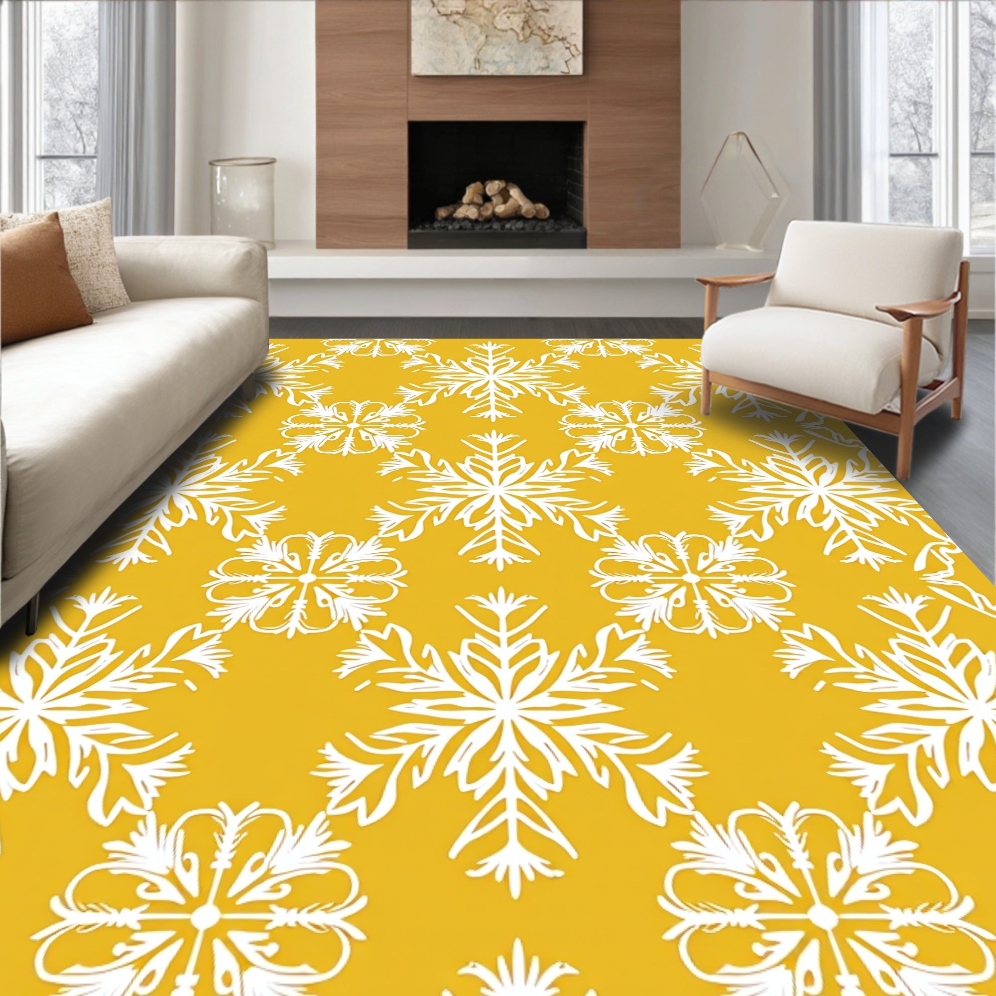 Golden Yellow White Snowflake Medallion Rug