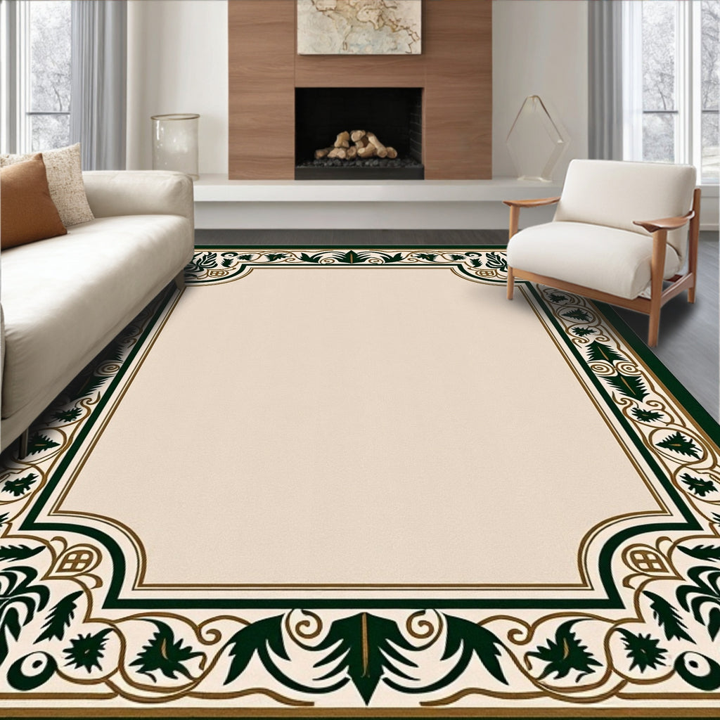 Classic Green Gold Leaf Scroll Border Rug