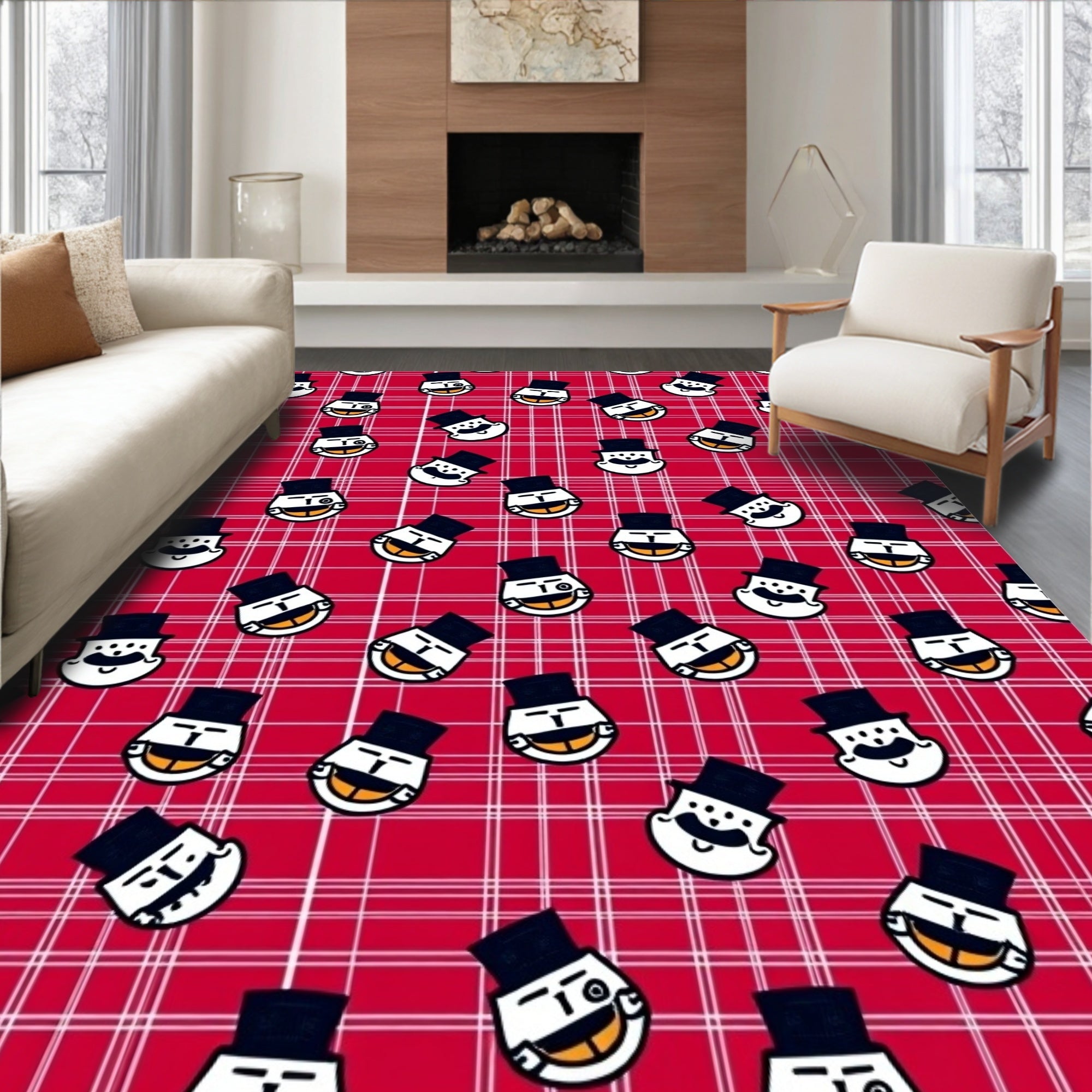 Red Plaid Cartoon Faces Rug