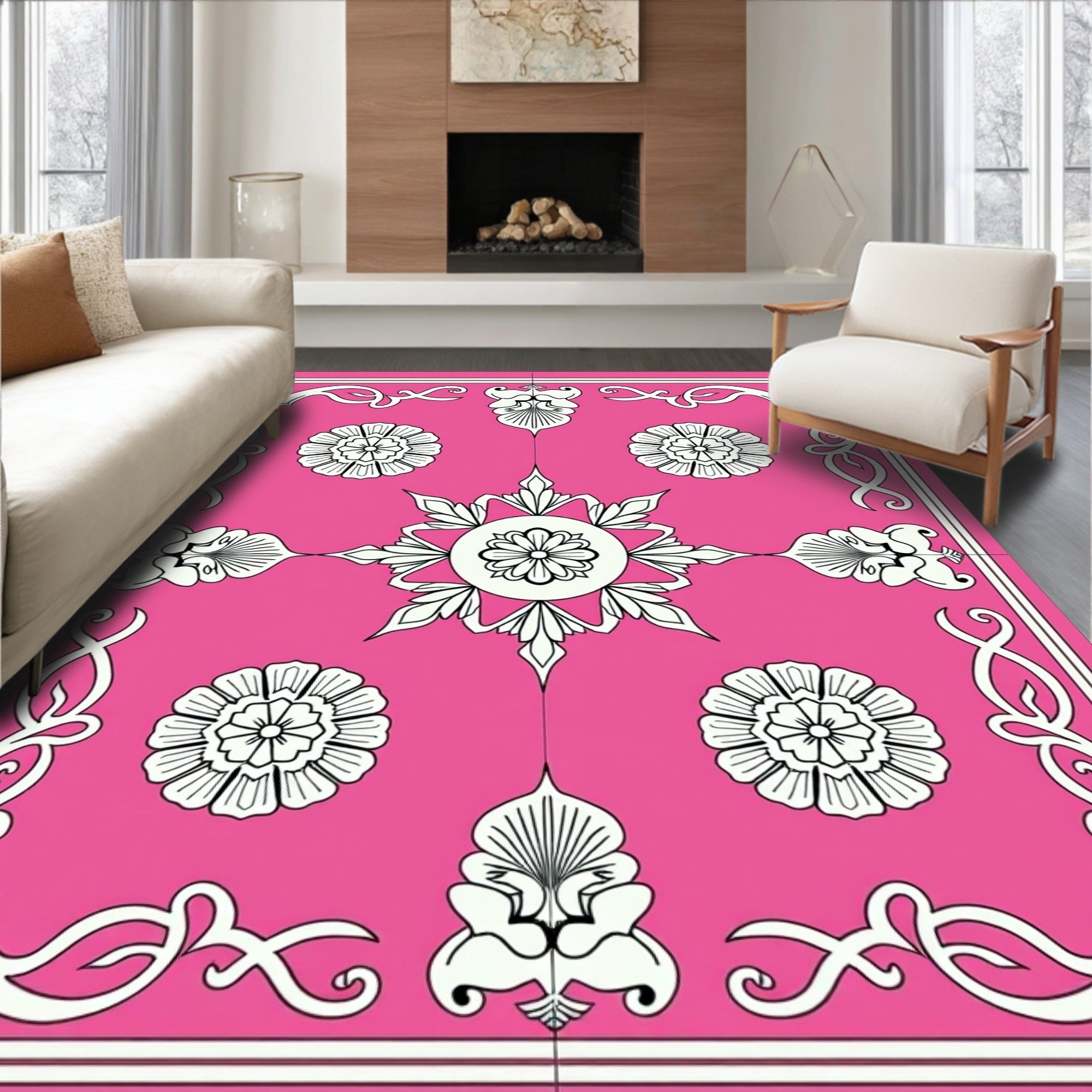 Vibrant Fuchsia Floral Medallion Border Rug
