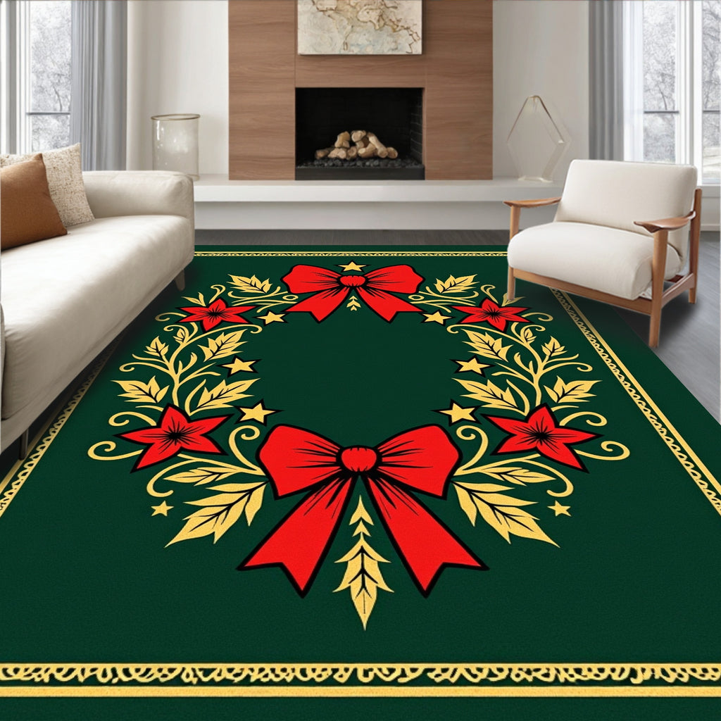 Festive Red Bow Holly Wreath Rug