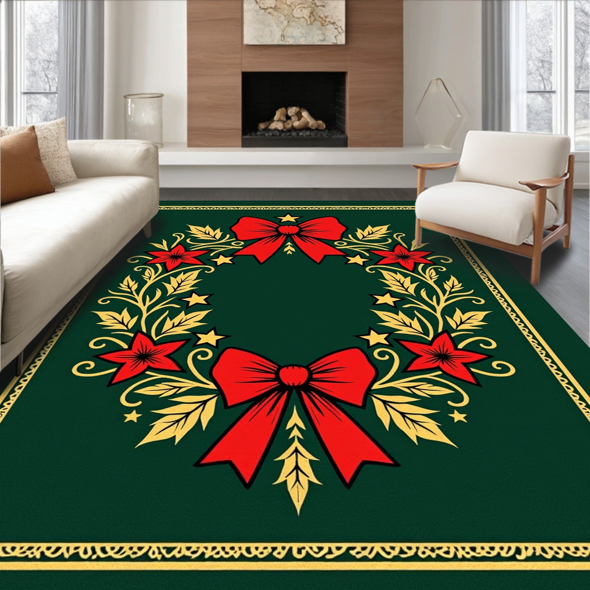 Festive Red Bow Holly Wreath Rug