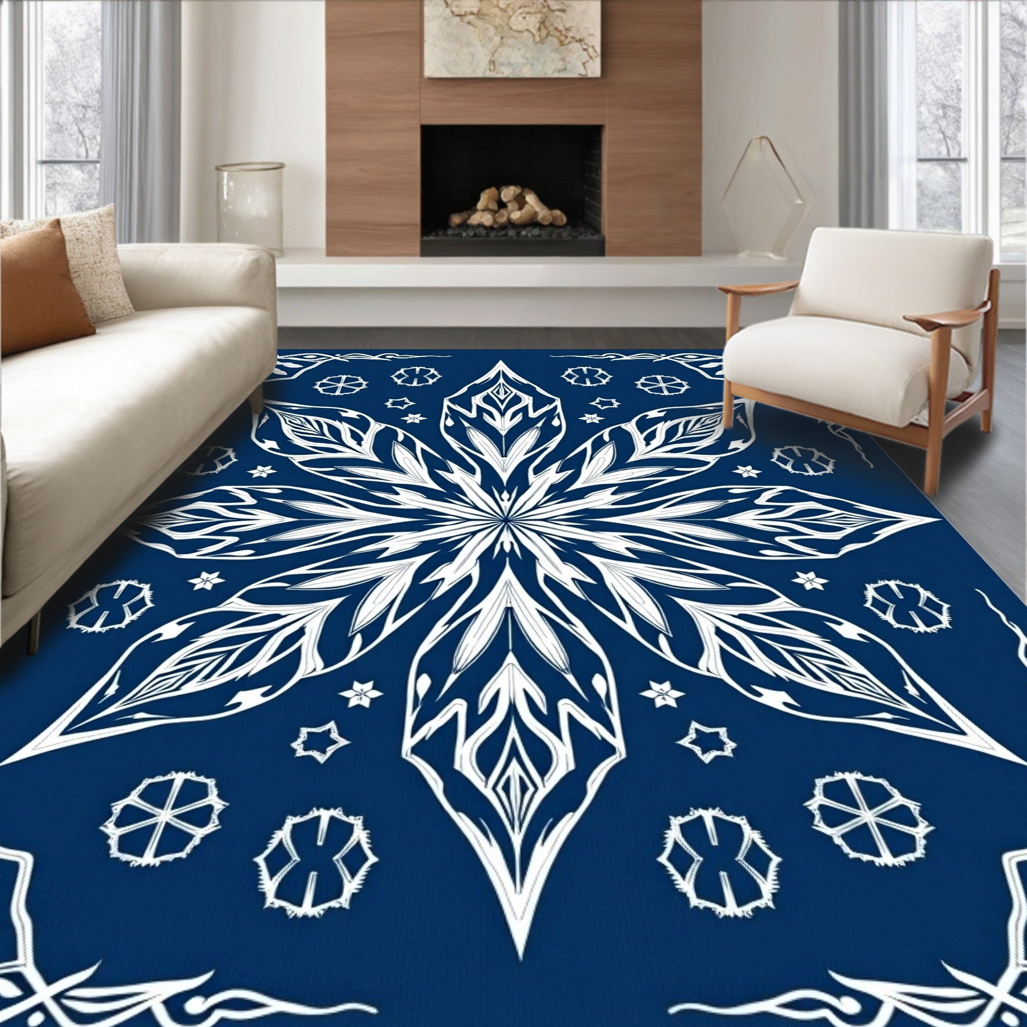 Deep Blue Intricate Floral Burst Rug