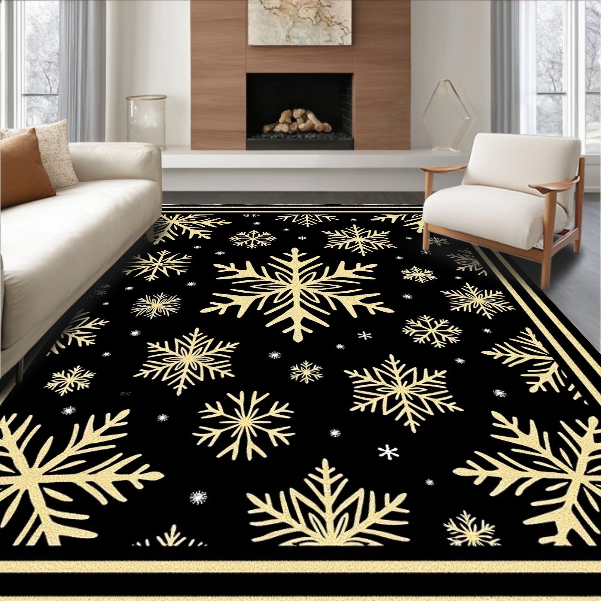 Golden Snowflake Black Winter Charm Rug