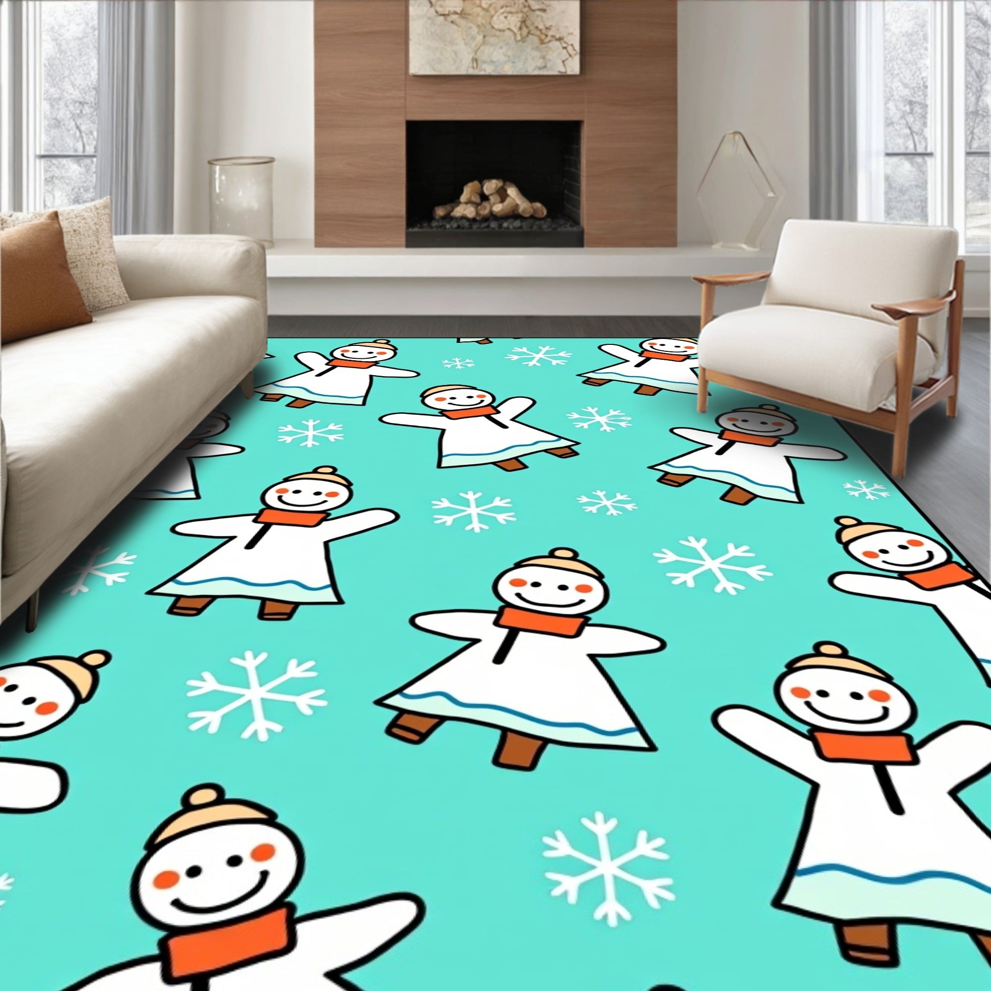 Whimsical Snowman Orange Scarf Snowflakes Rug