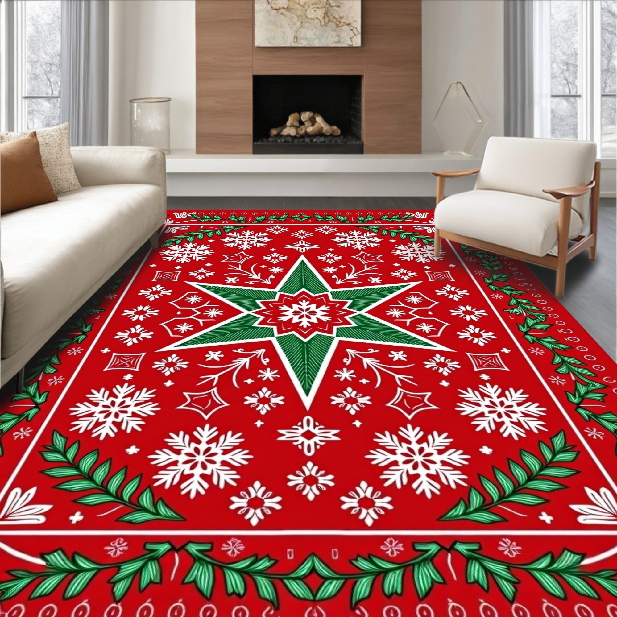 Holiday Red Snowflakes Star Wreath Rug