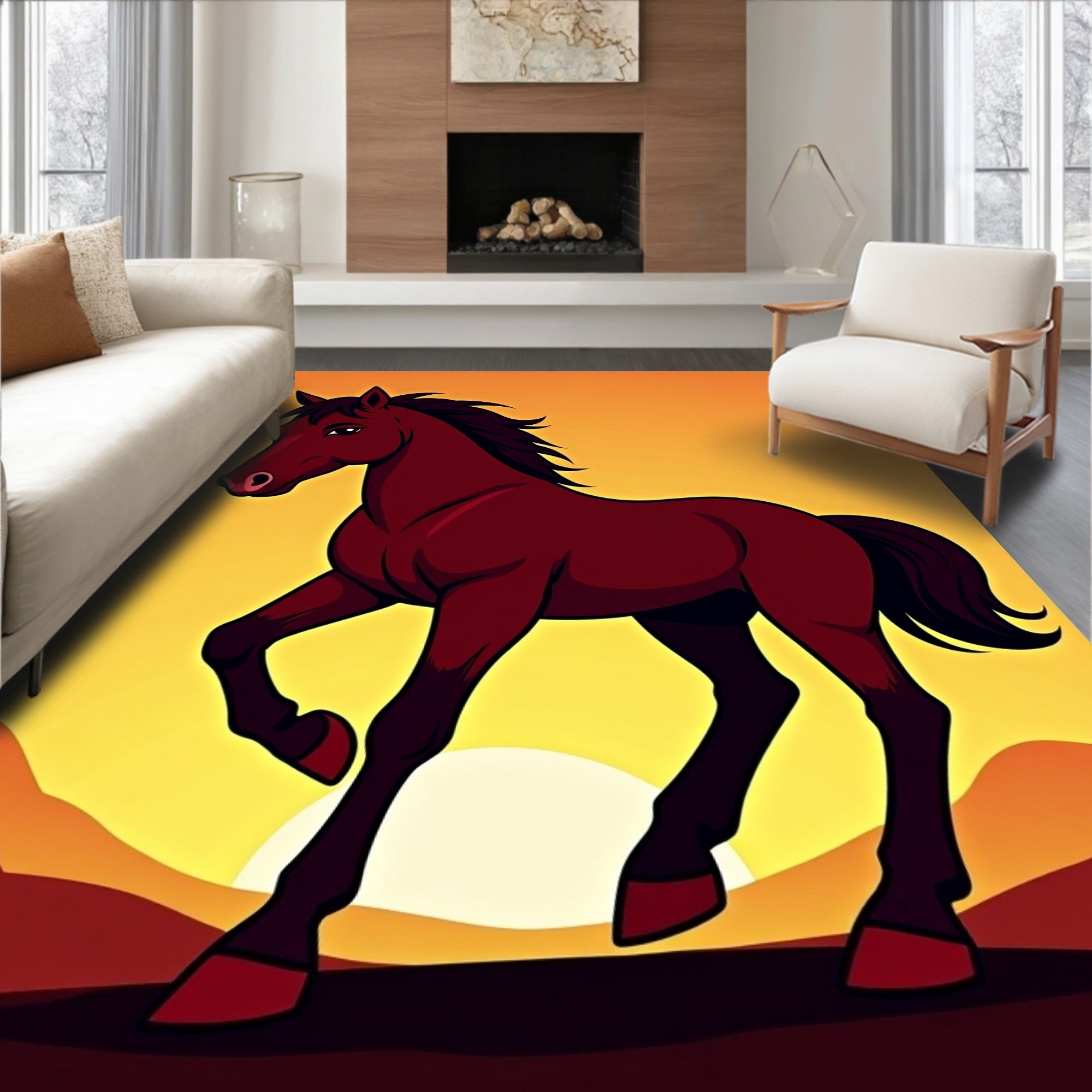 Crimson Horse Sunset Landscape Rug