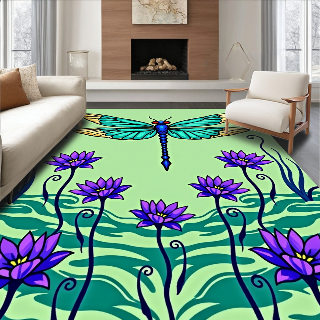 Art Nouveau Blue Dragonfly Lotus Garden Rug
