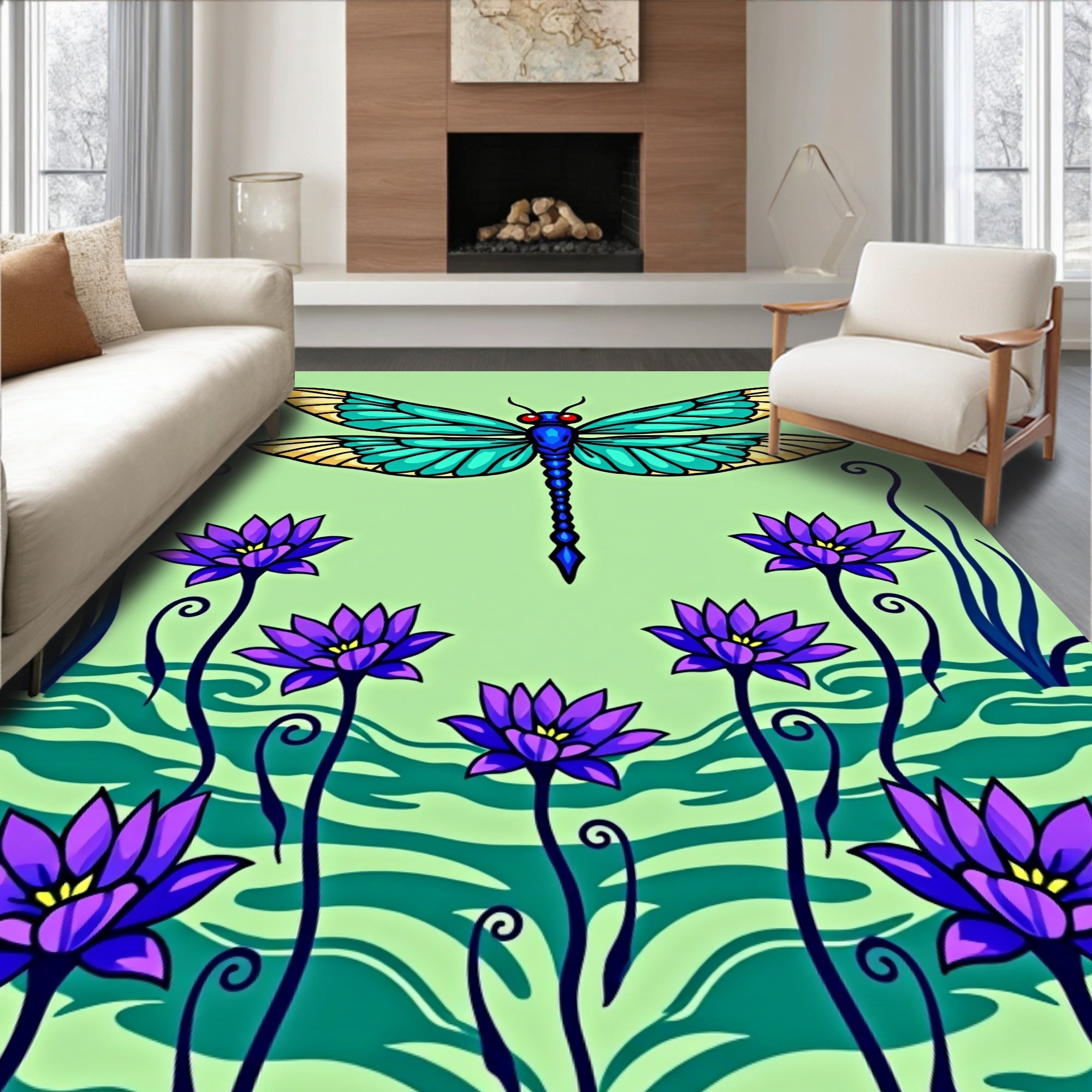 Art Nouveau Blue Dragonfly Lotus Garden Rug