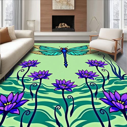 Art Nouveau Blue Dragonfly Lotus Garden Rug