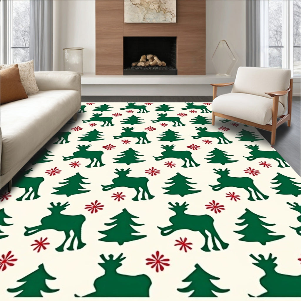 Festive Green Reindeer Christmas Trees Rug