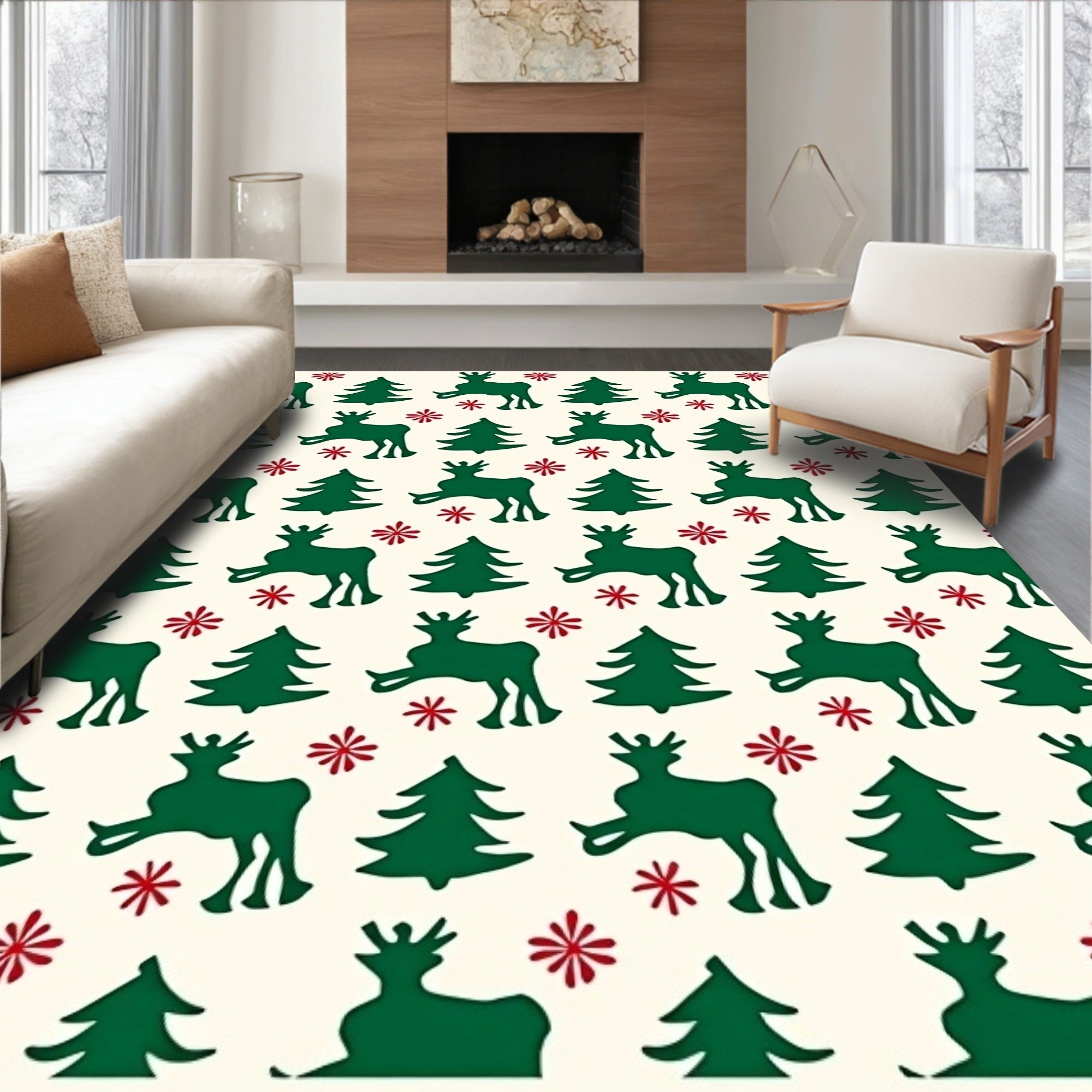Festive Green Reindeer Christmas Trees Rug