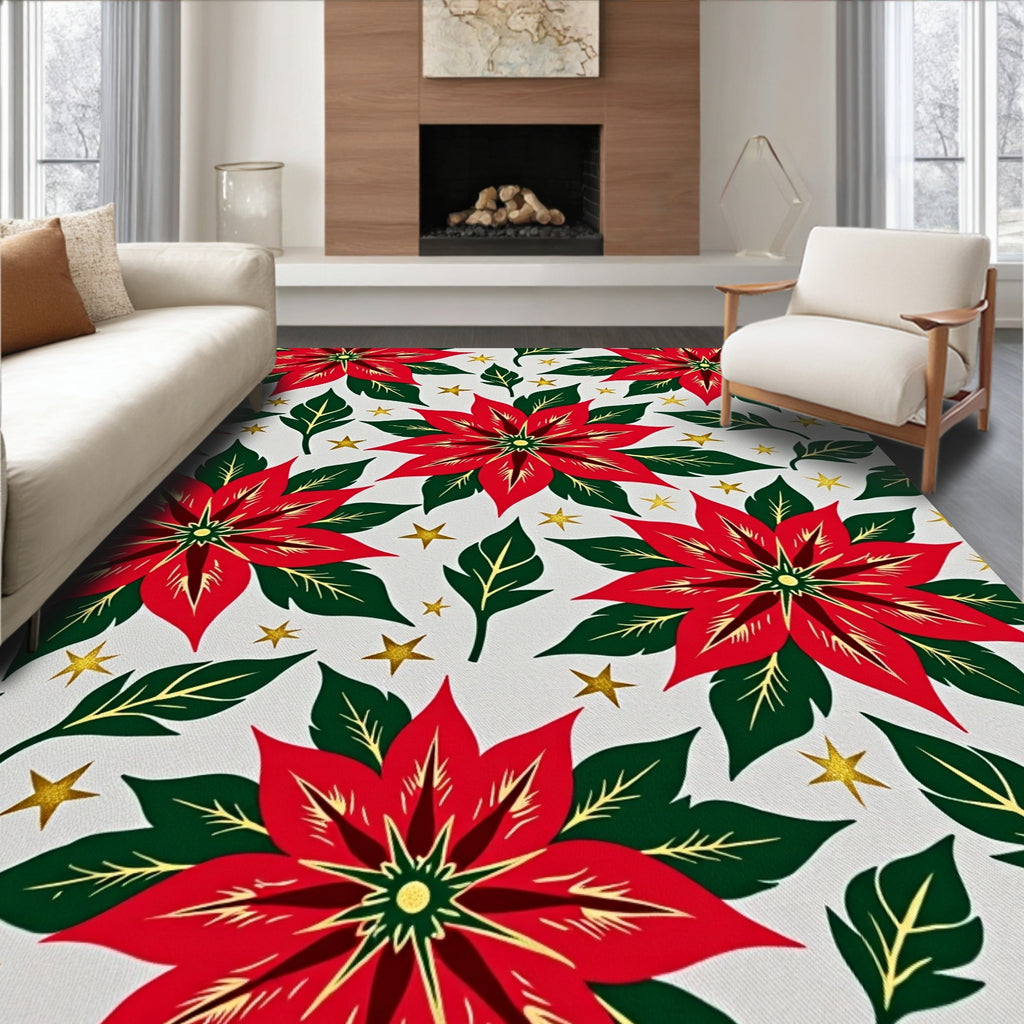 Festive Red Poinsettia Gold Star Rug
