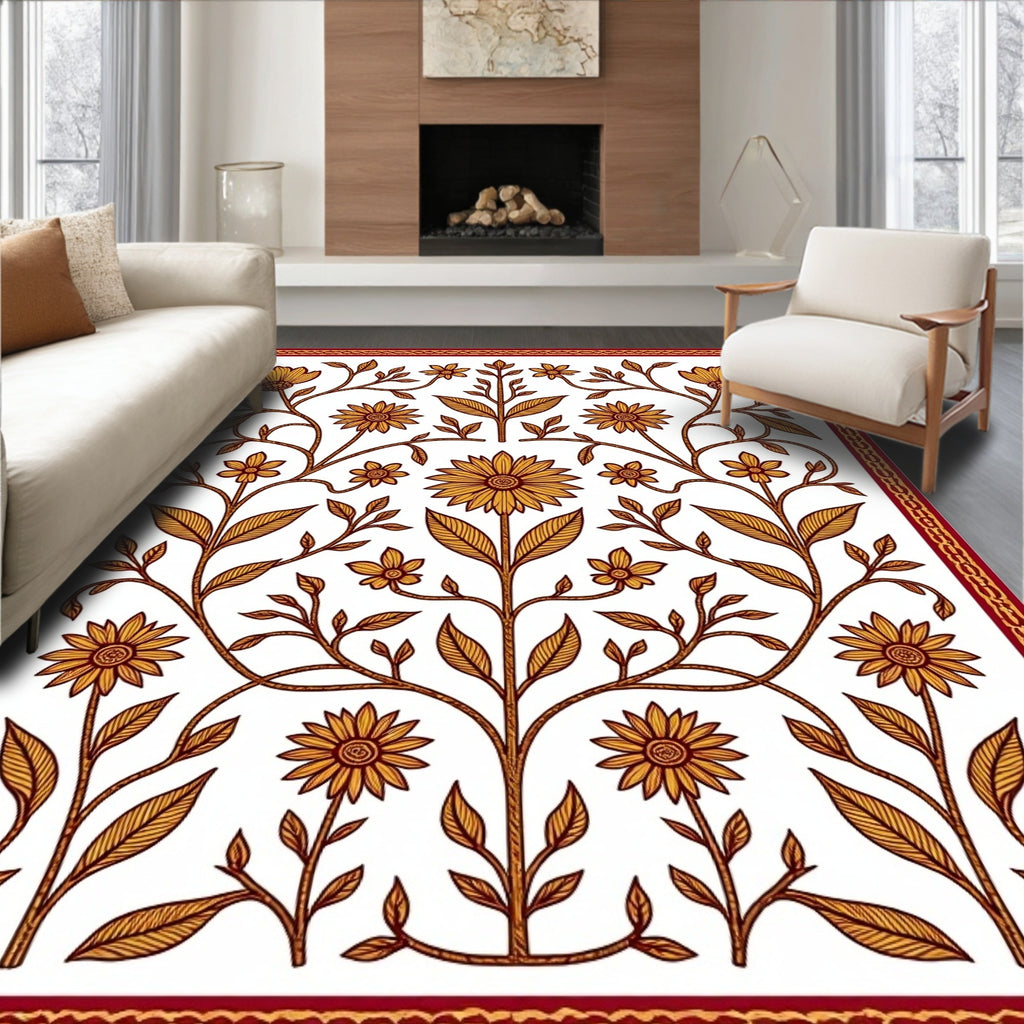 Golden Sunburst Floral Lattice Border Rug