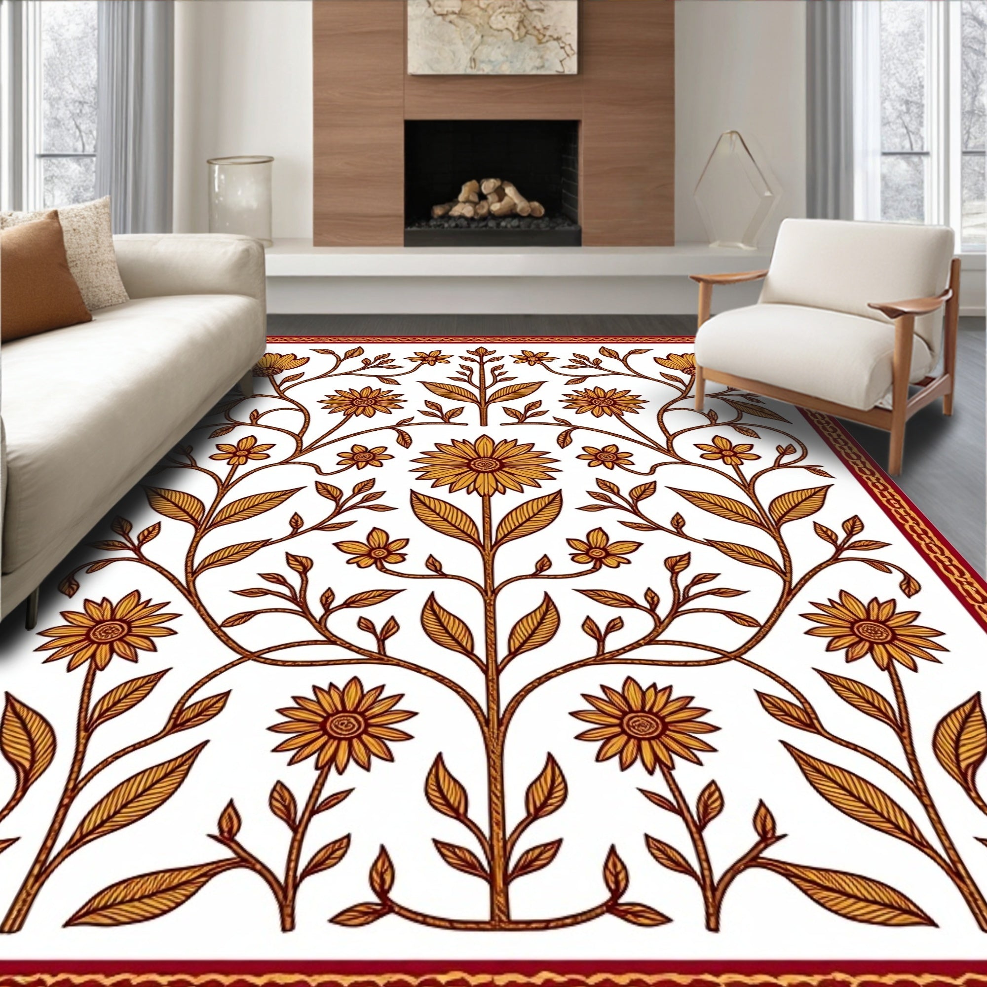 Golden Sunburst Floral Lattice Border Rug