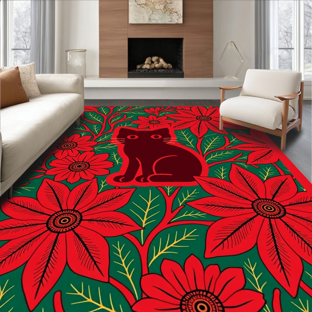 Red Poinsettia Cat Green Floral Rug