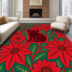Red Poinsettia Cat Green Floral Rug
