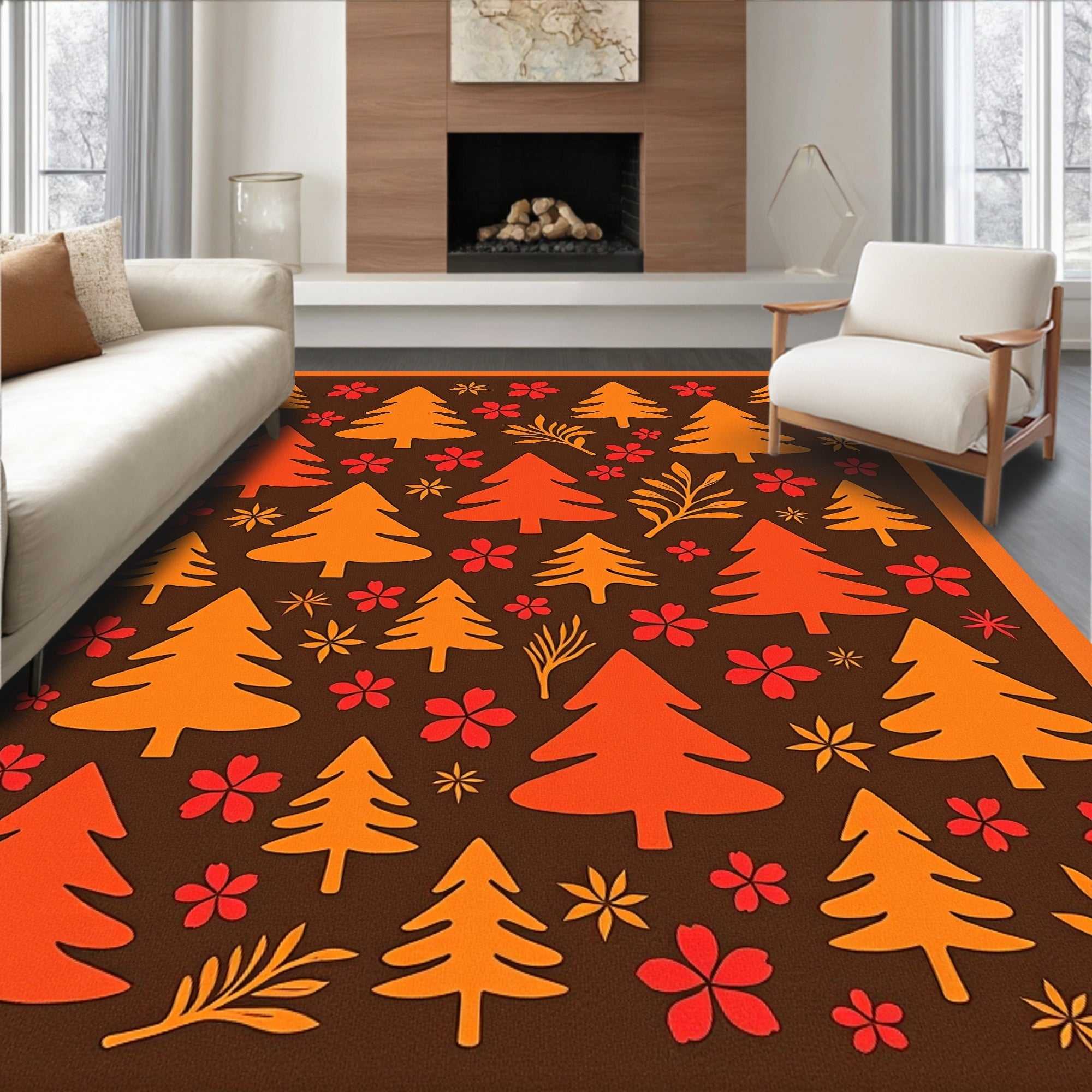 Autumn Forest Orange Pine Trees Rug