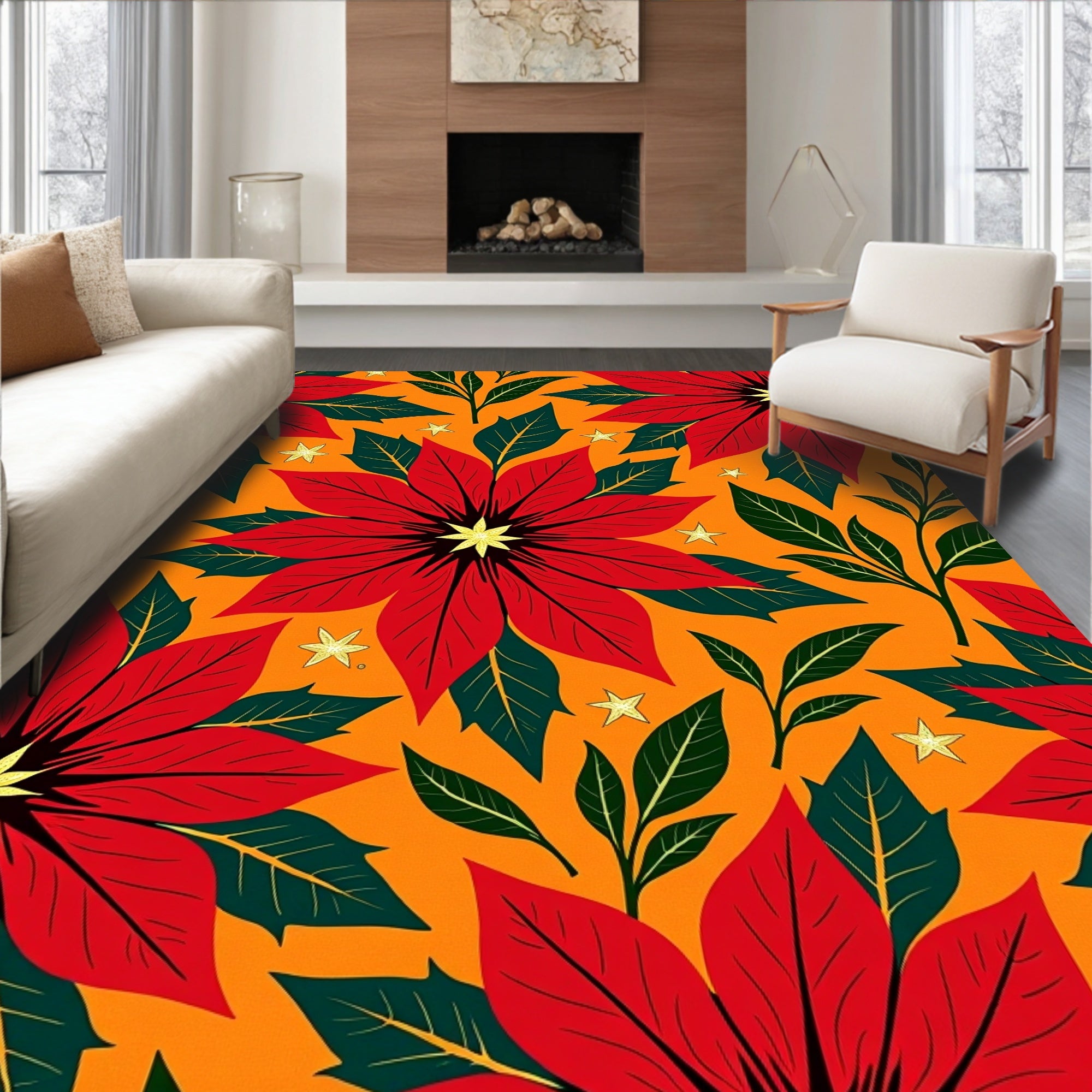 Crimson Poinsettia Orange Star Flower Rug