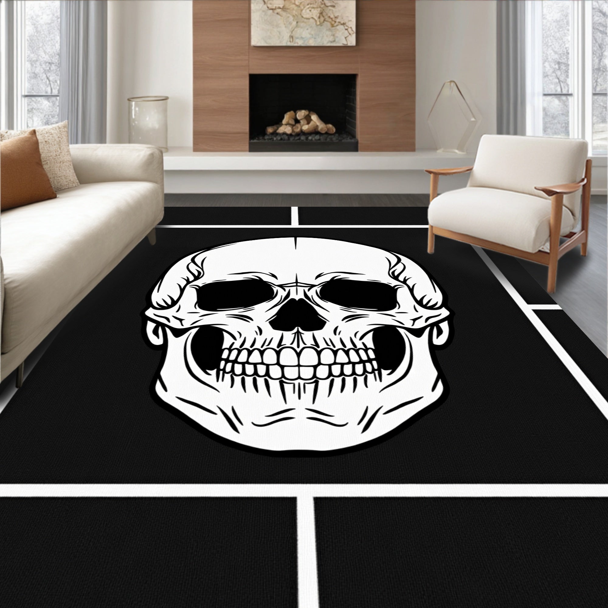 Striking White Skull Black Geometric Rug