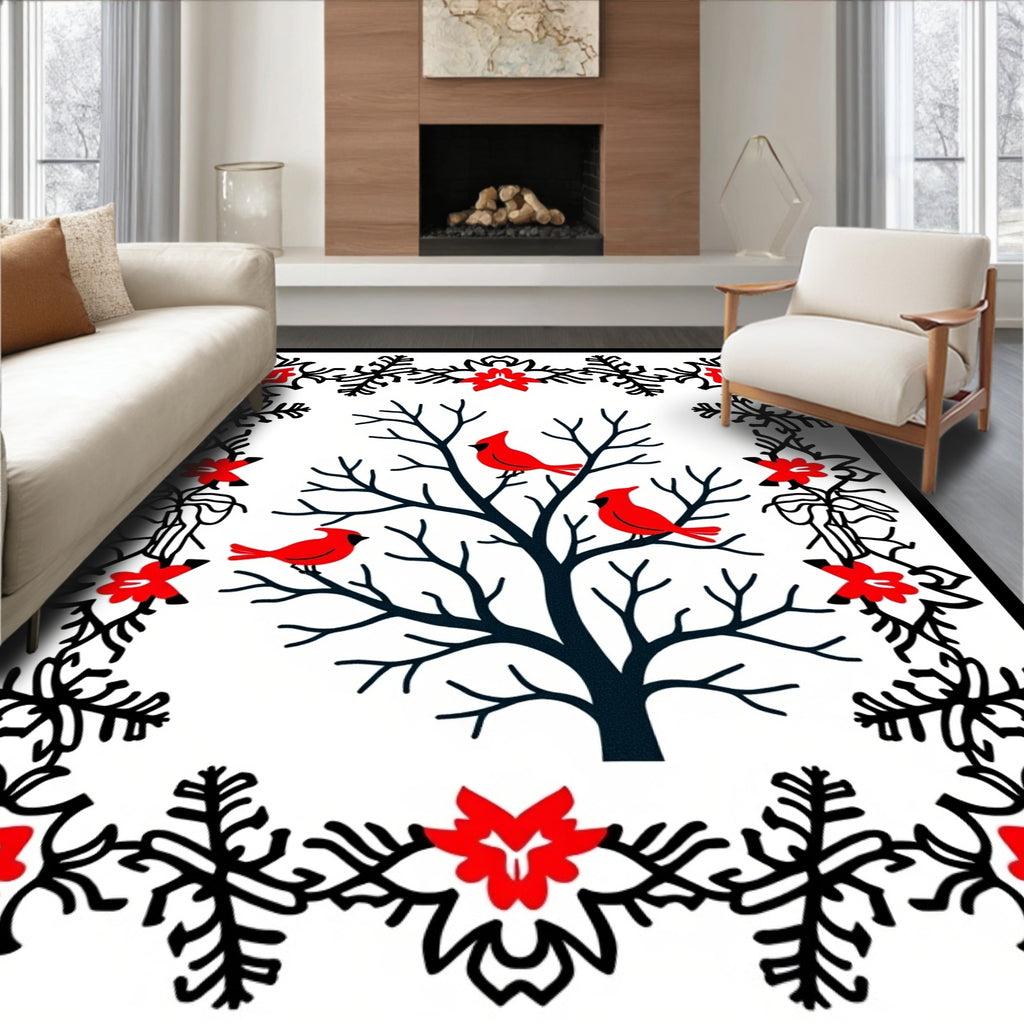 Winter Cardinals Tree Red Snowflakes Rug