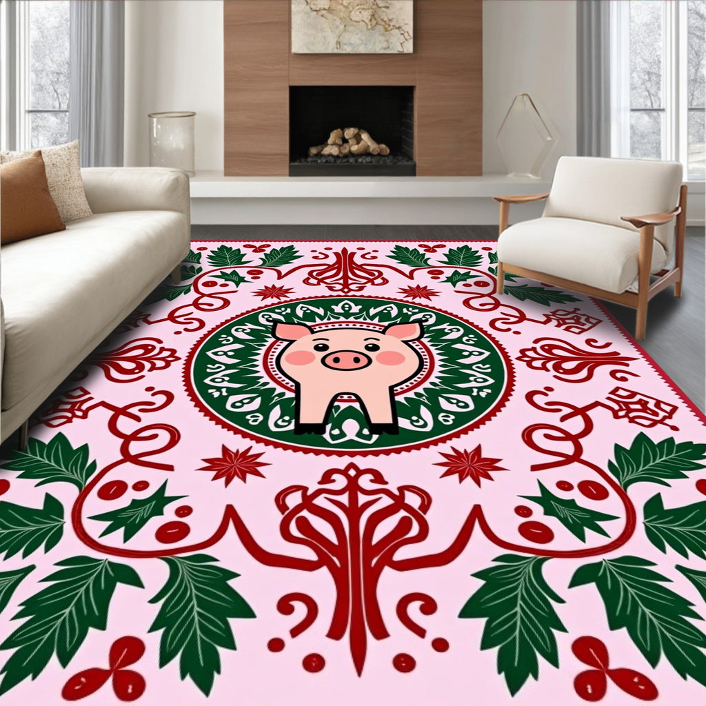 Pink Pig With Green Leaf Border Rug