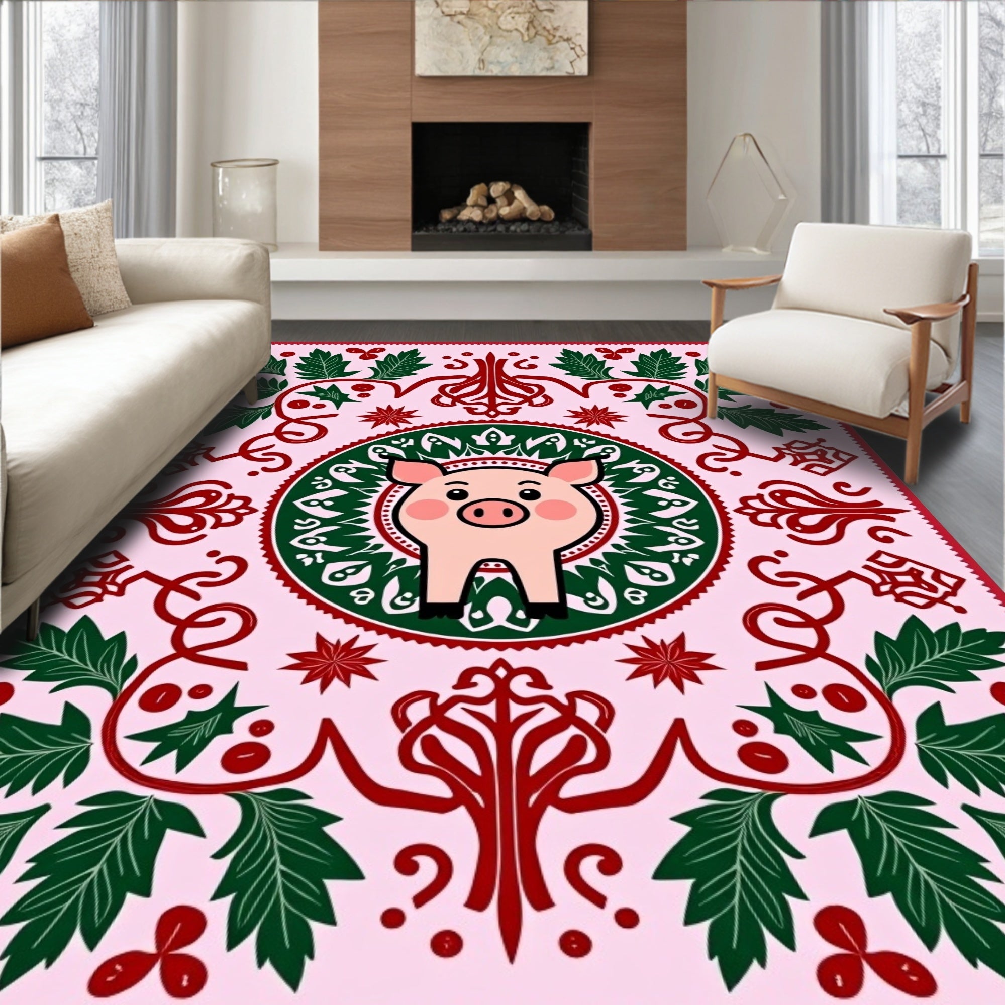 Pink Pig With Green Leaf Border Rug
