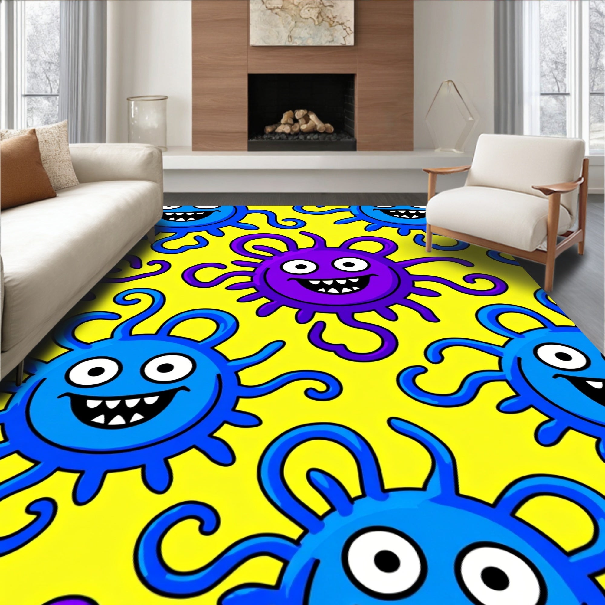 Funny Blue Purple Creatures Yellow Background Rug
