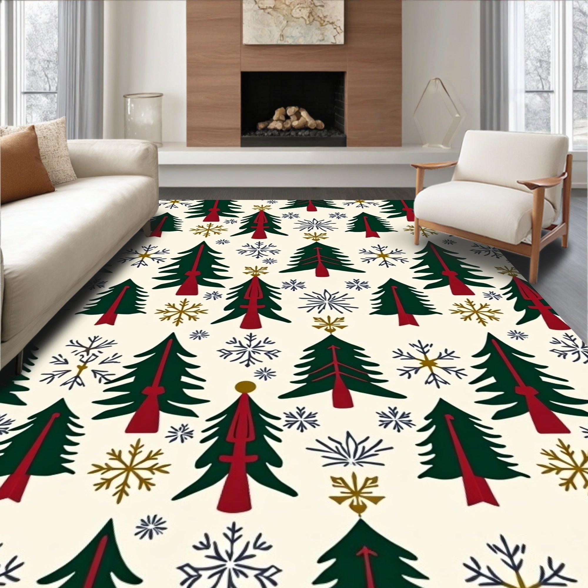 Christmas Trees Snowflakes Festive Collection Rug