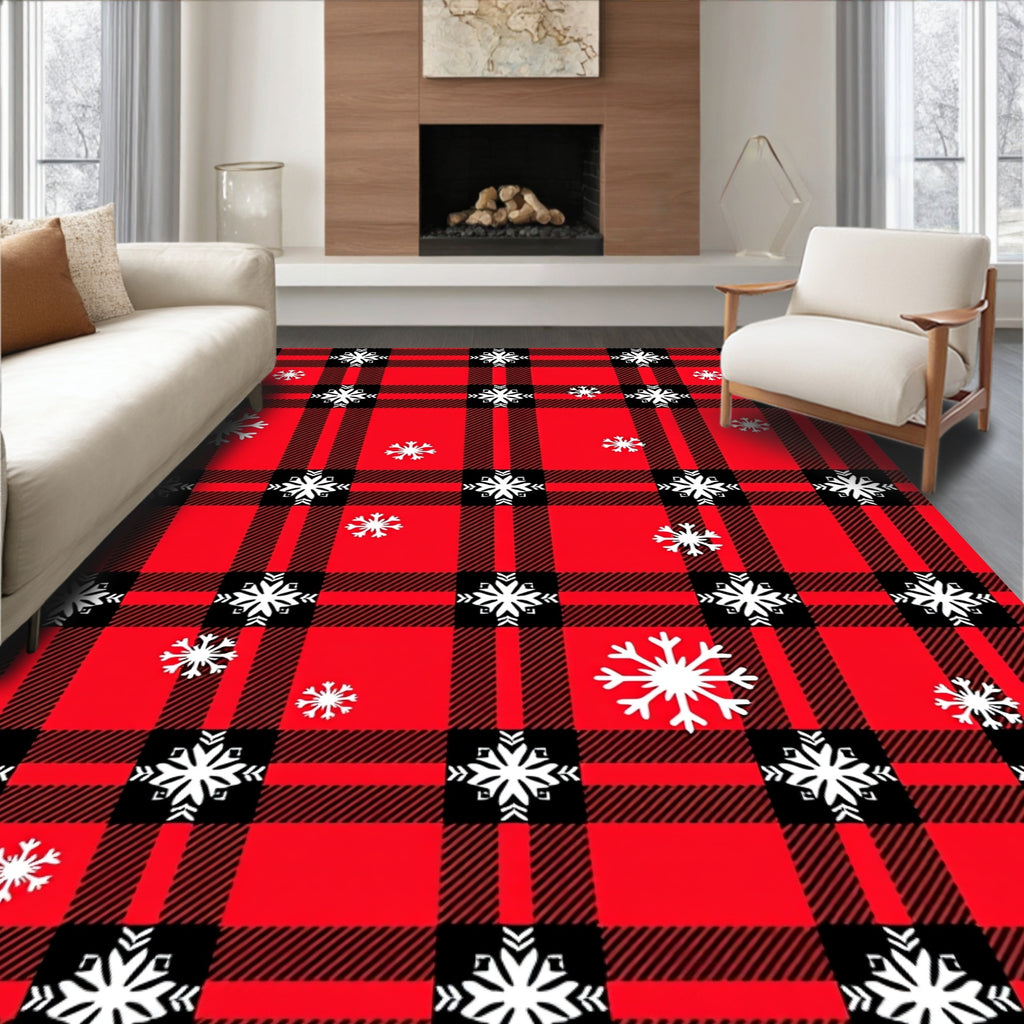 Red Black Plaid Snowflake Celebration Rug