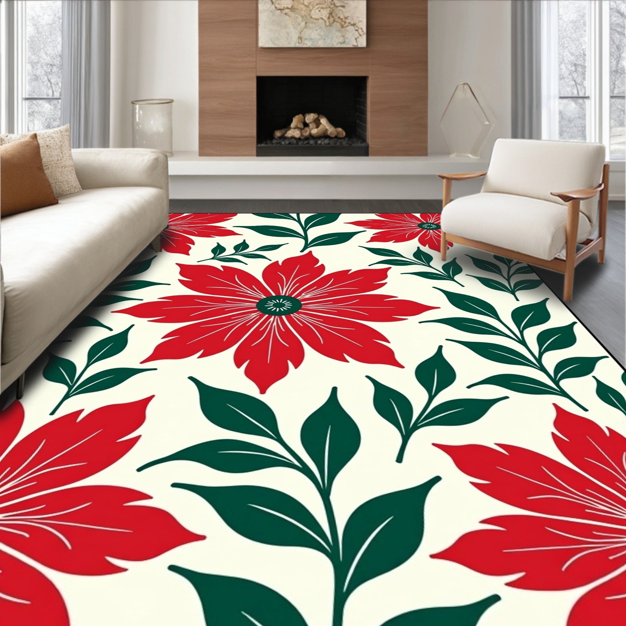Bold Red Poinsettia Floral Botanical Rug
