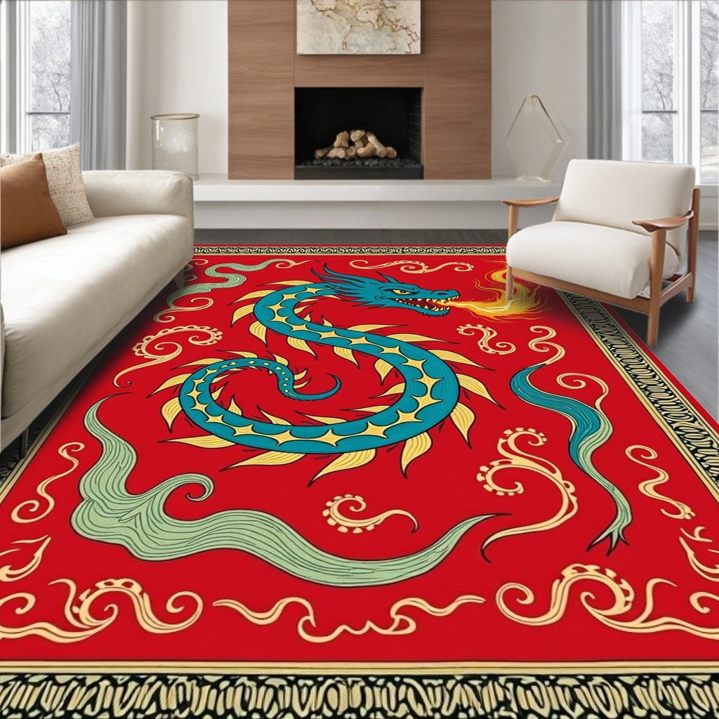 Fiery Blue Dragon Red Swirls Rug