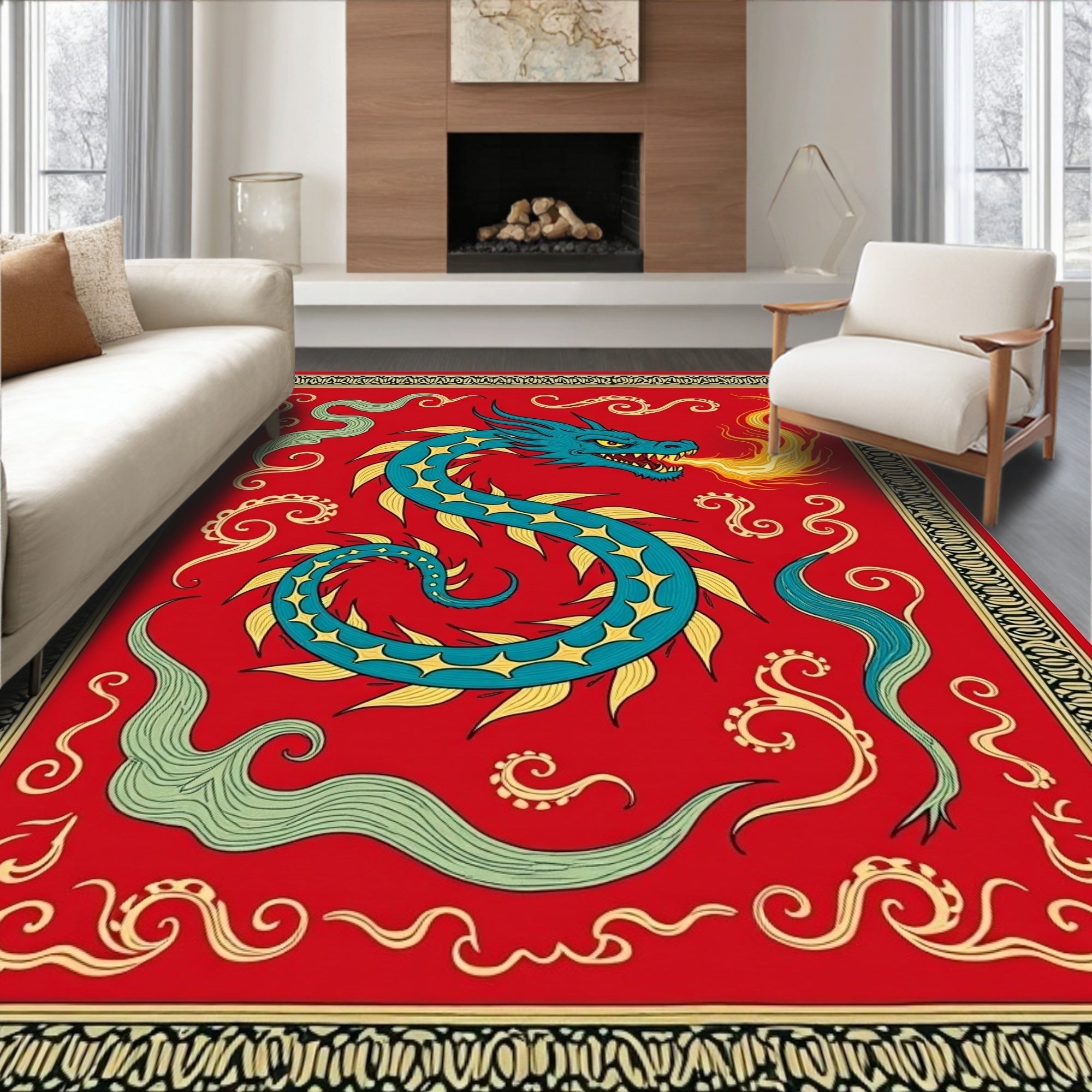Fiery Blue Dragon Red Swirls Rug