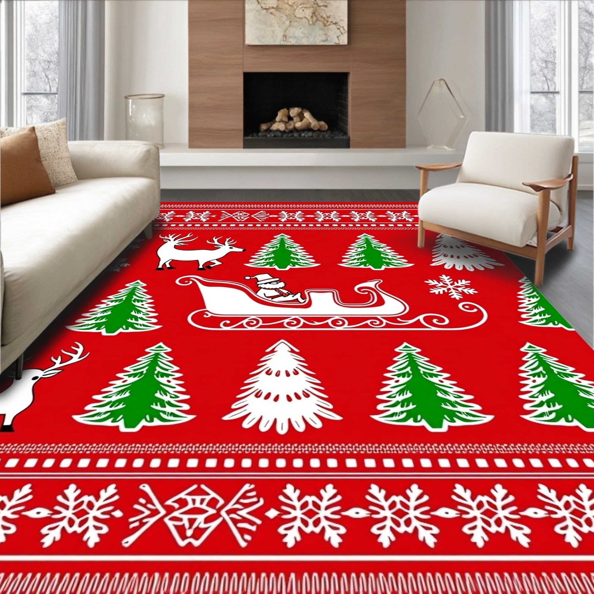 Red Christmas Trees Reindeer Santa Sleigh Rug