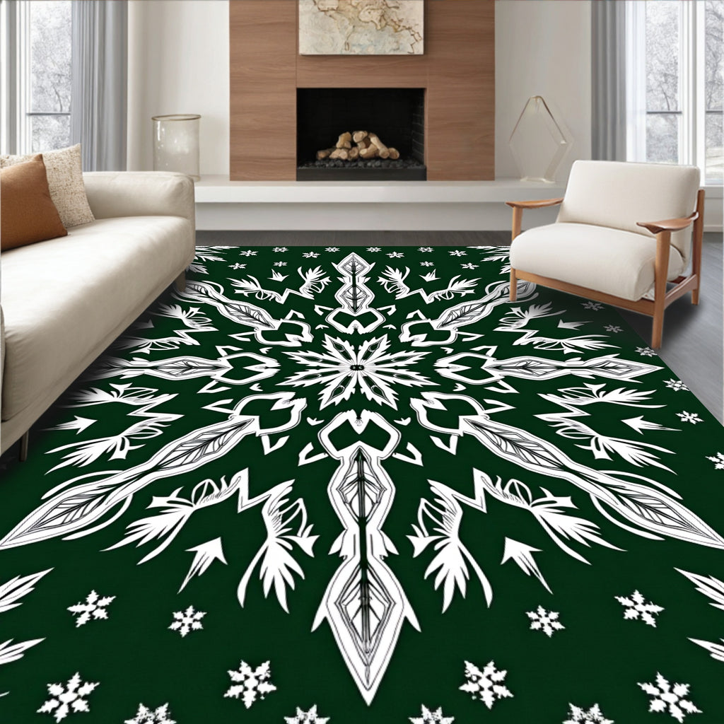 Deep Emerald White Snowflake Mandala Rug