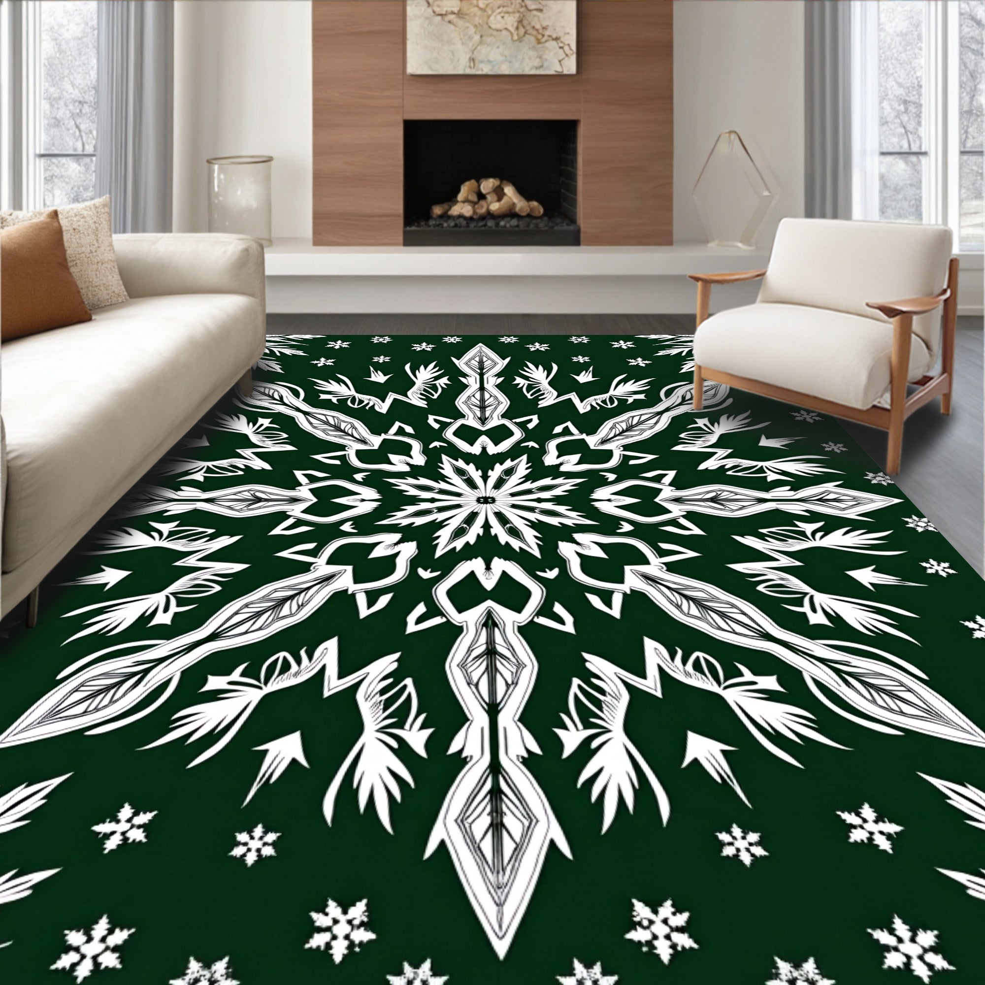 Deep Emerald White Snowflake Mandala Rug