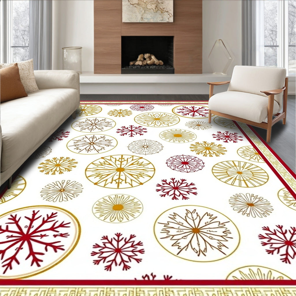 Crimson Gold Circular Snowflake Arrangement Rug