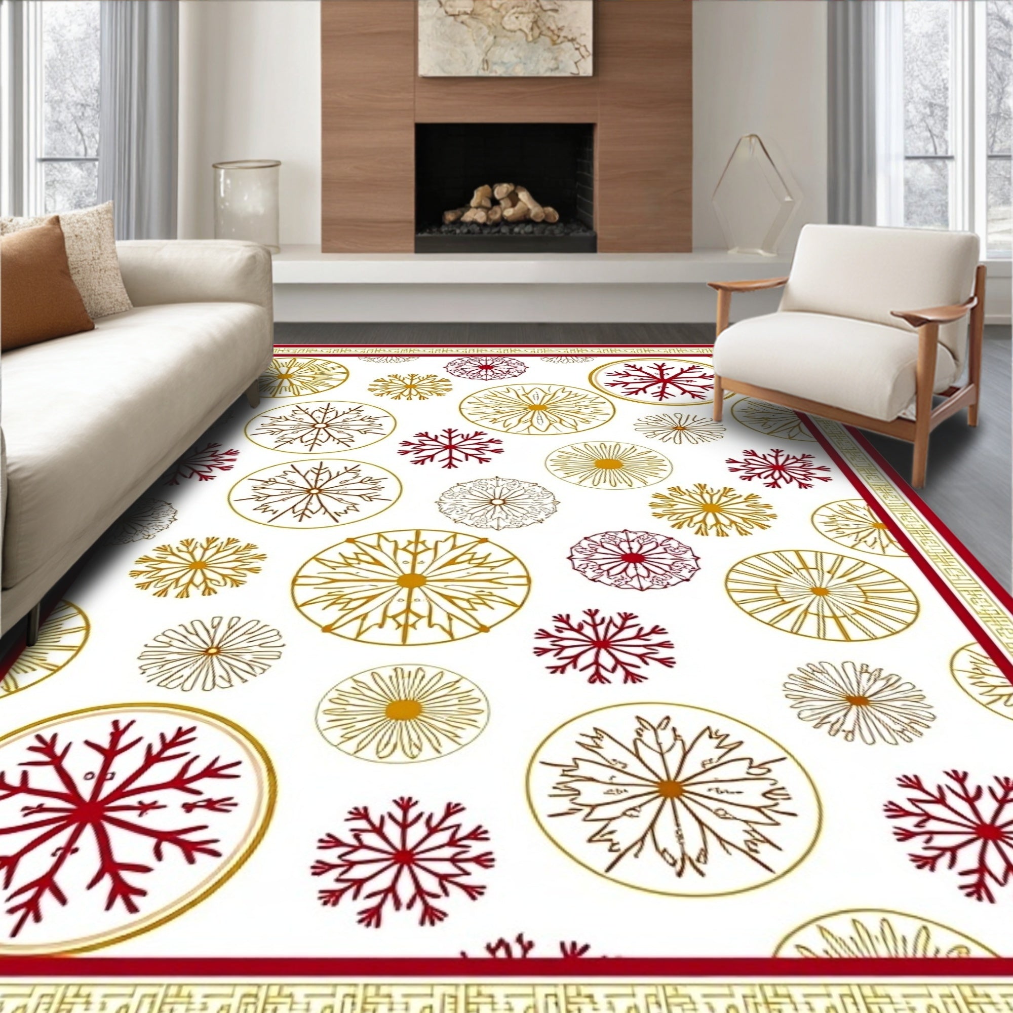 Crimson Gold Circular Snowflake Arrangement Rug
