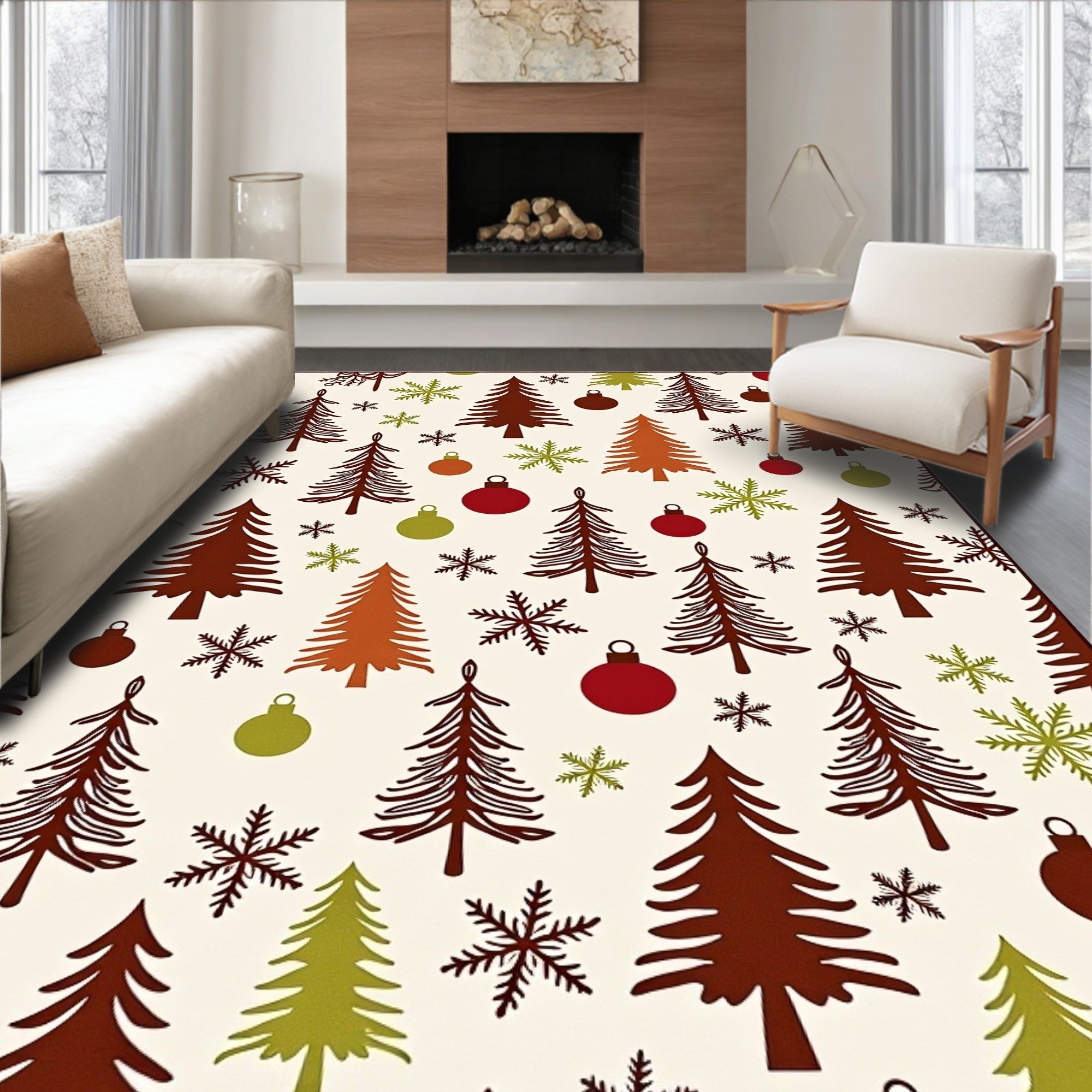 Festive Christmas Trees Ornament Snowflakes Rug